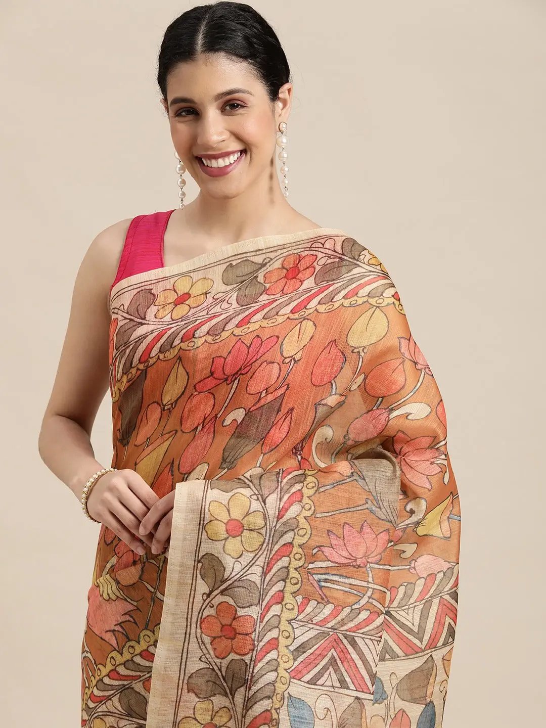 Digital Print Kalamkari Linen Saree