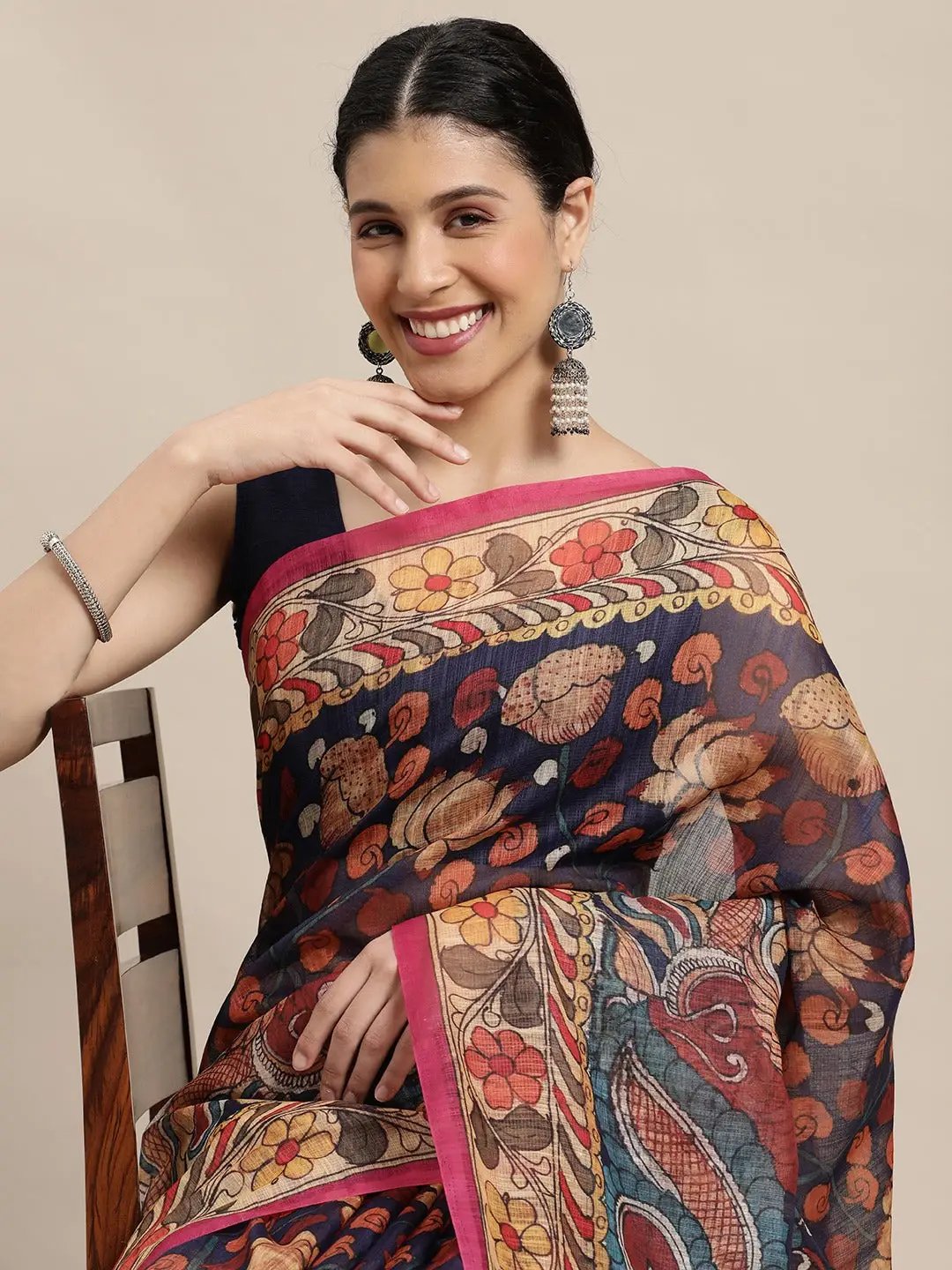 Digital Print Kalamkari Linen Saree