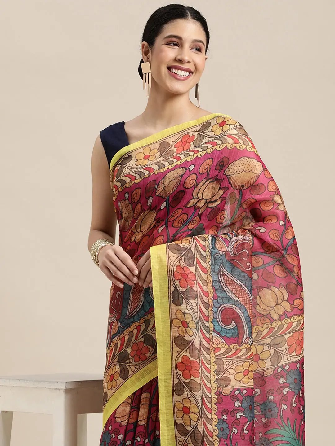 Digital Print Kalamkari Linen Saree