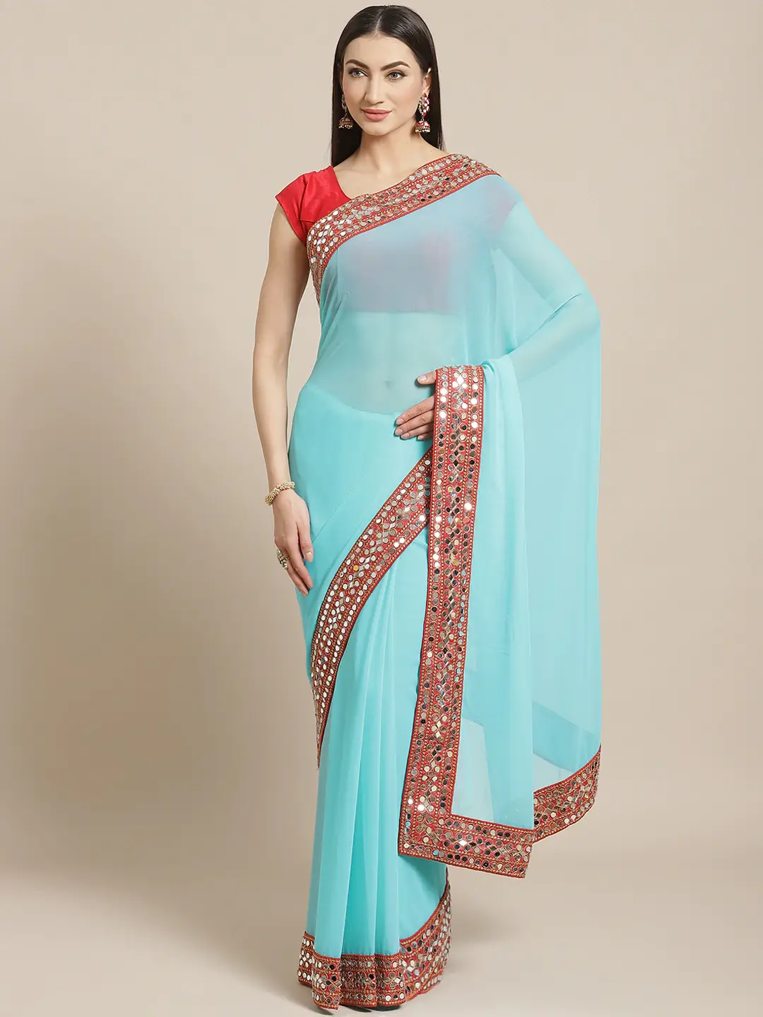 Soft Georgette With Mirror Work Border