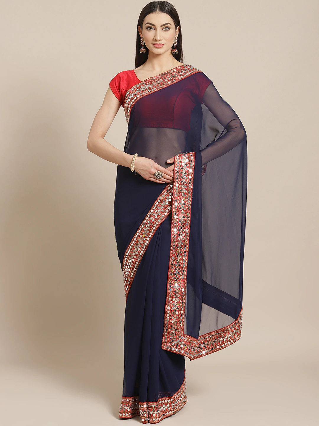 Soft Georgette With Mirror Work Border