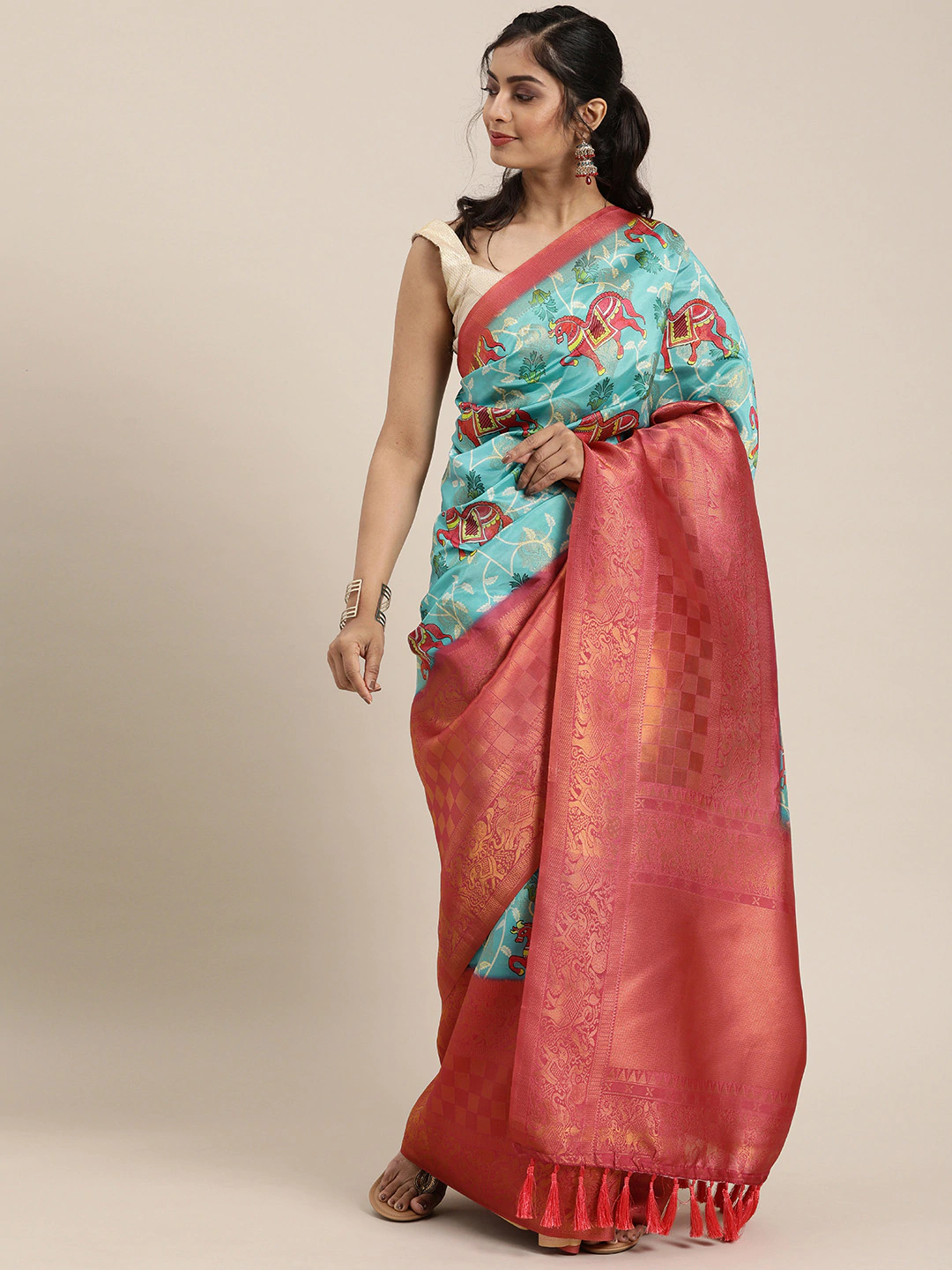 Latest Banarasi Silk Saree with Ethnic Motifs & Zari Border