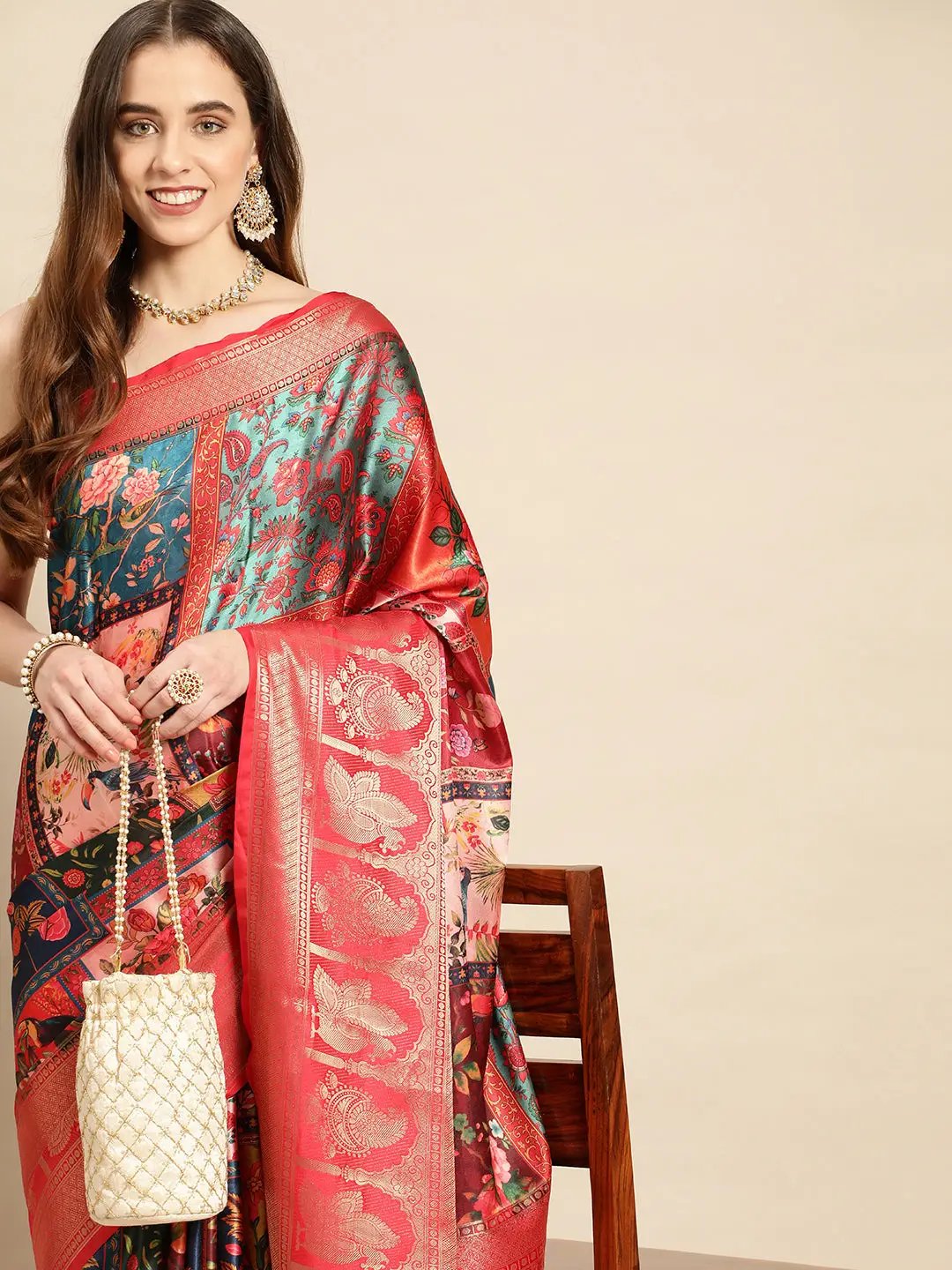 Soft Satin Kanchi Border Kalamkari Saree