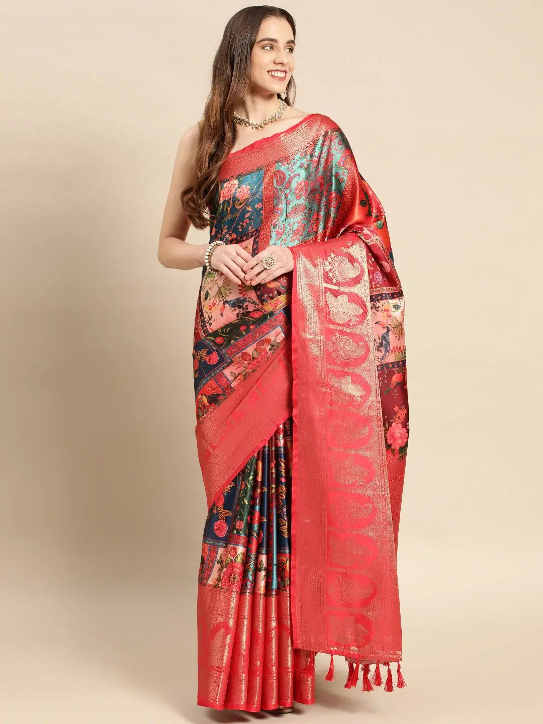 Soft Satin Kanchi Border Kalamkari Saree