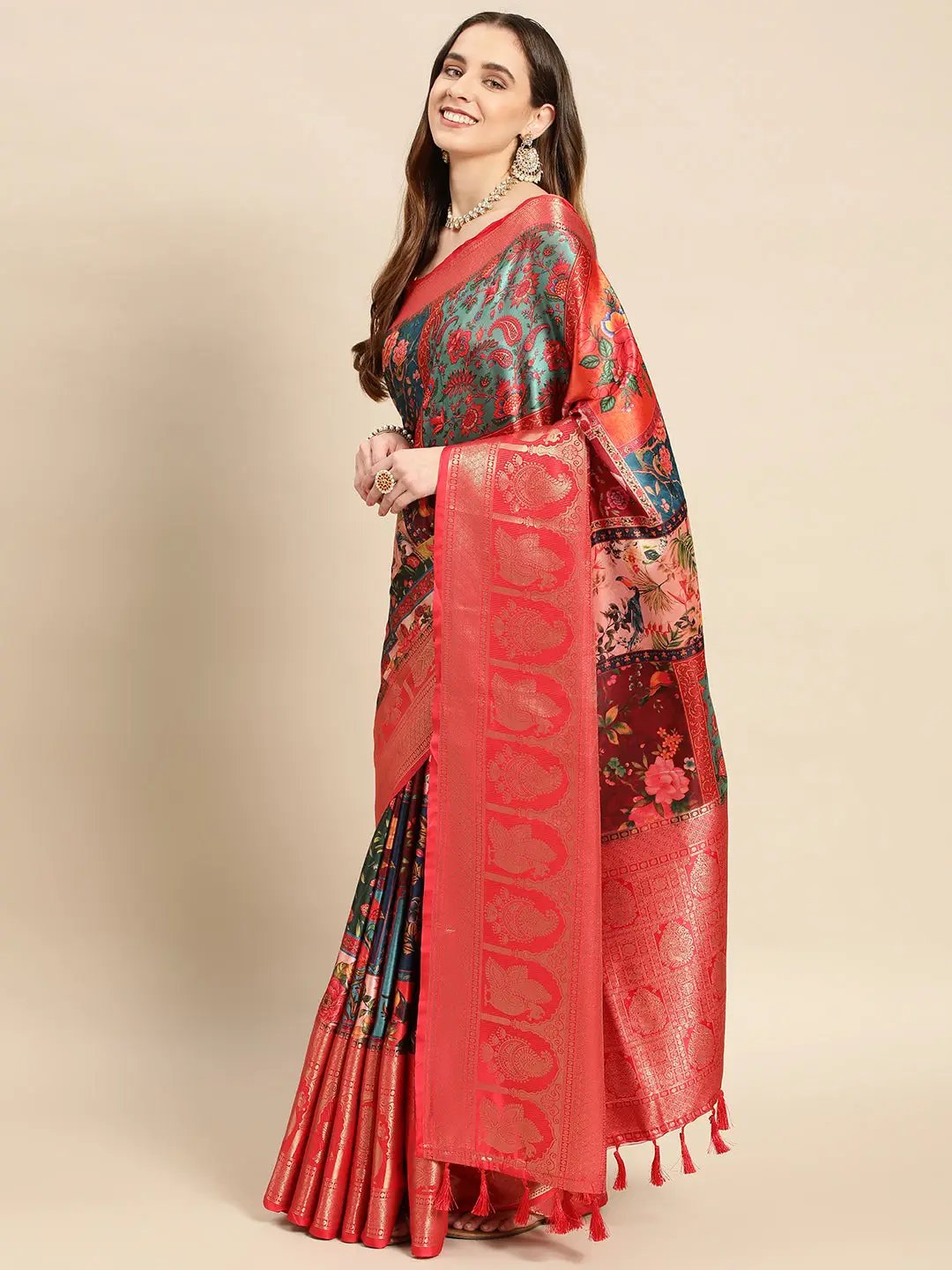 Soft Satin Kanchi Border Kalamkari Saree