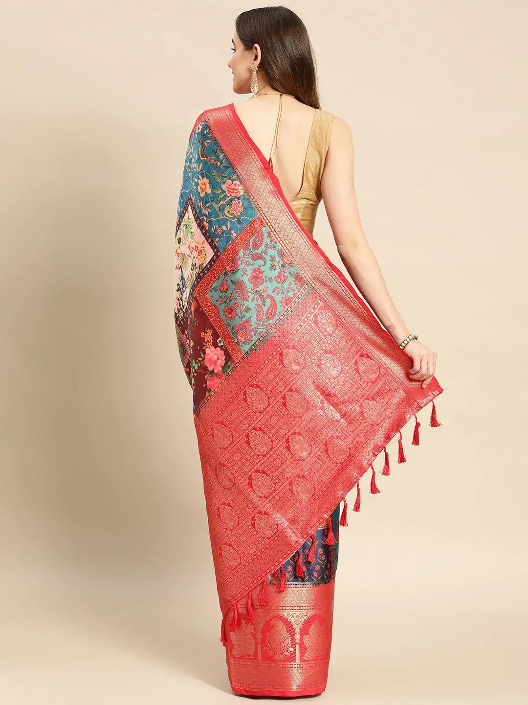 Soft Satin Kanchi Border Kalamkari Saree