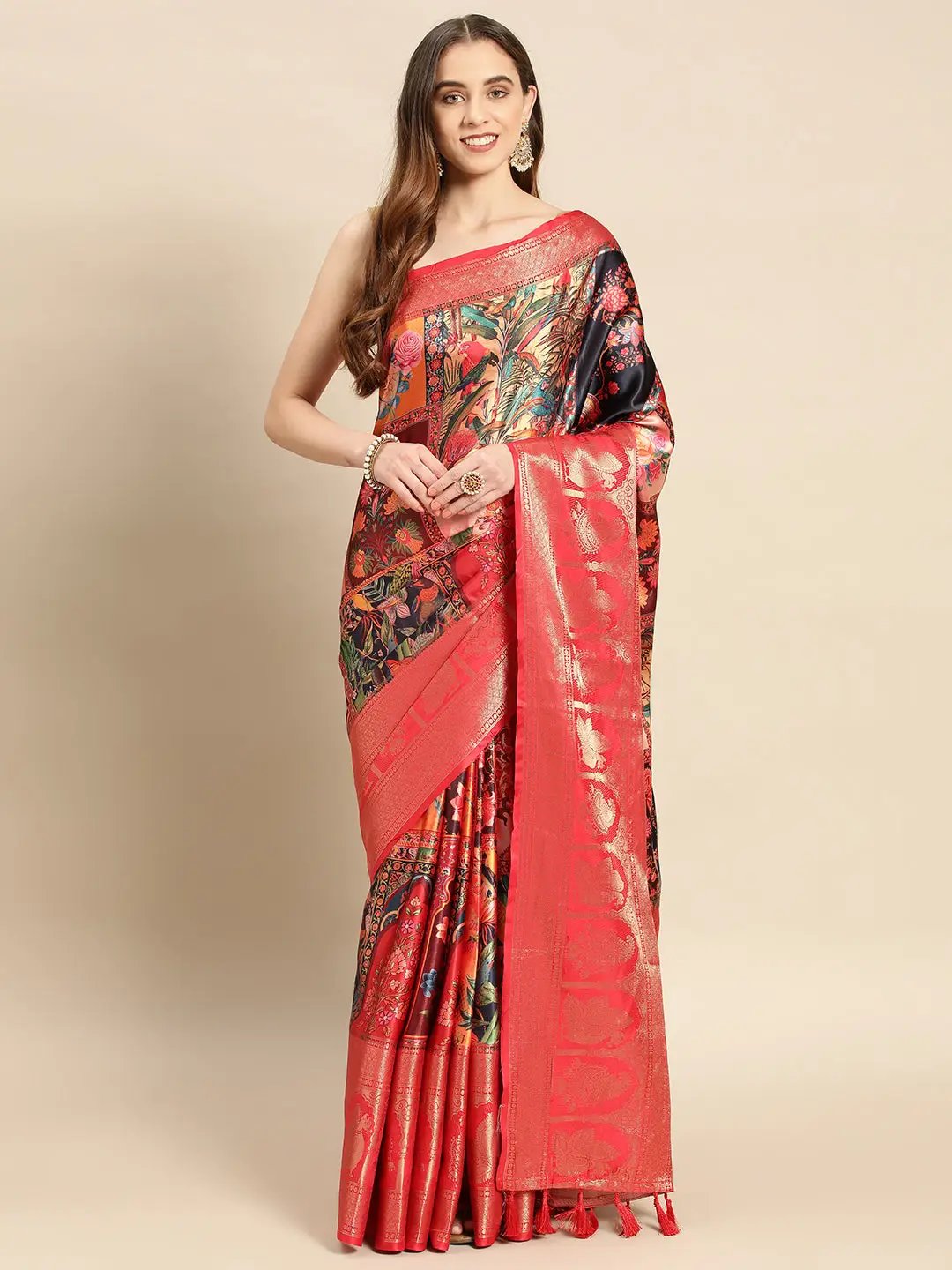 Soft Satin Kanchi Border Kalamkari Saree