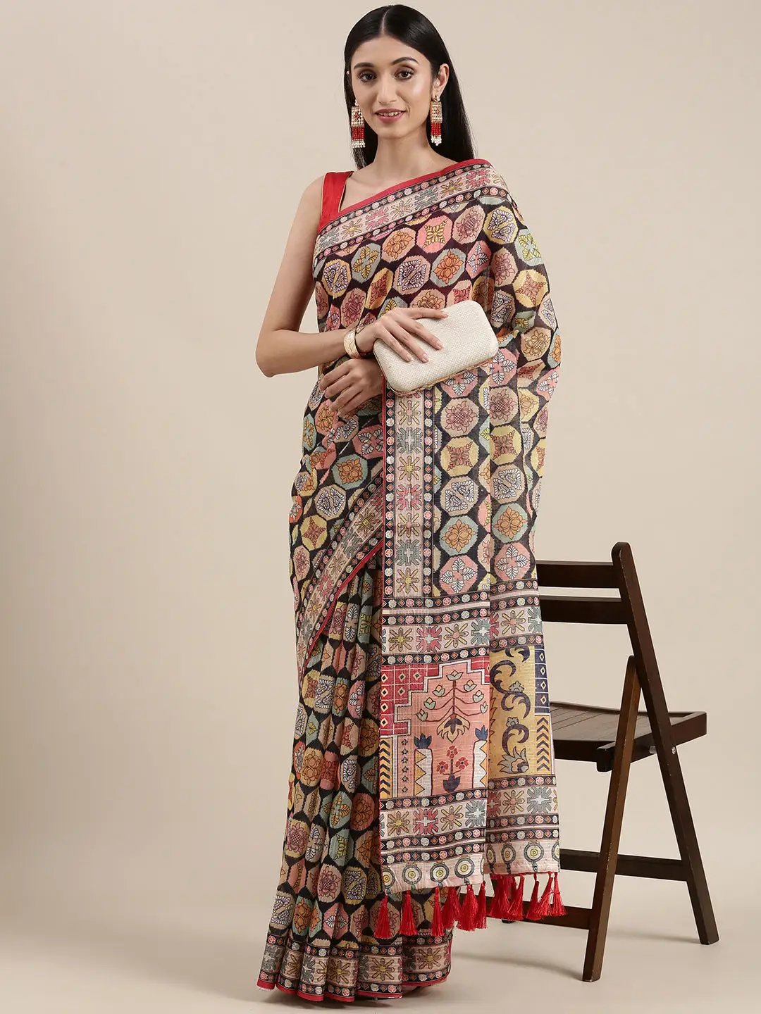 Stylish Soft Linen Kalamkari Block Print Party Wear Saree