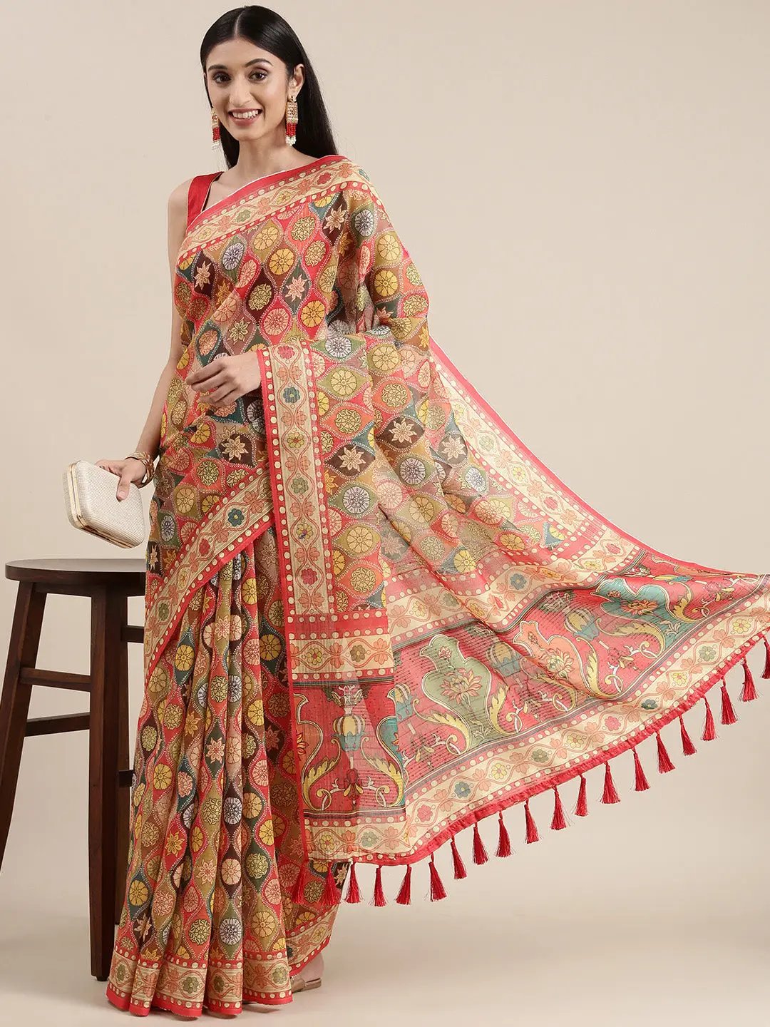 Latest Soft Linen Kalamkari Block Print Party Wear Saree