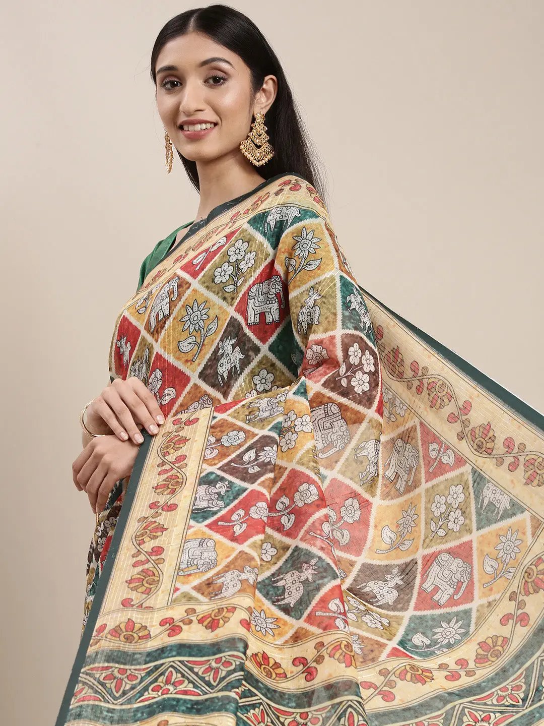 Beige Colour Soft Linen Kalamkari Block Print Saree