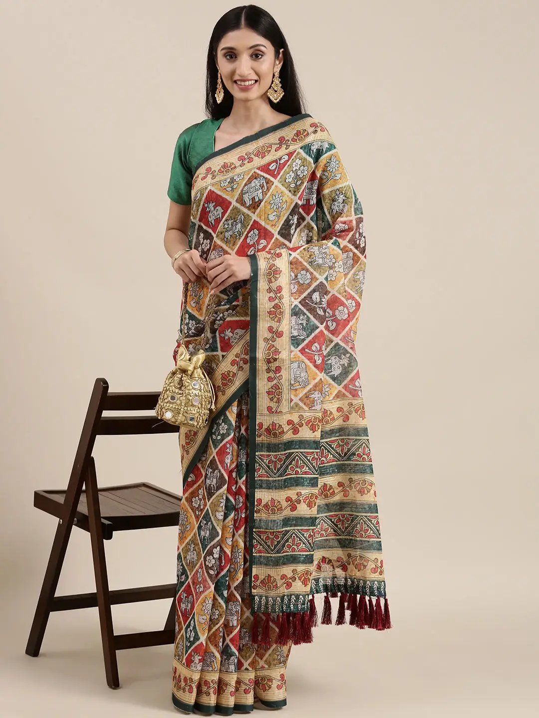 Beige Colour Soft Linen Kalamkari Block Print Saree