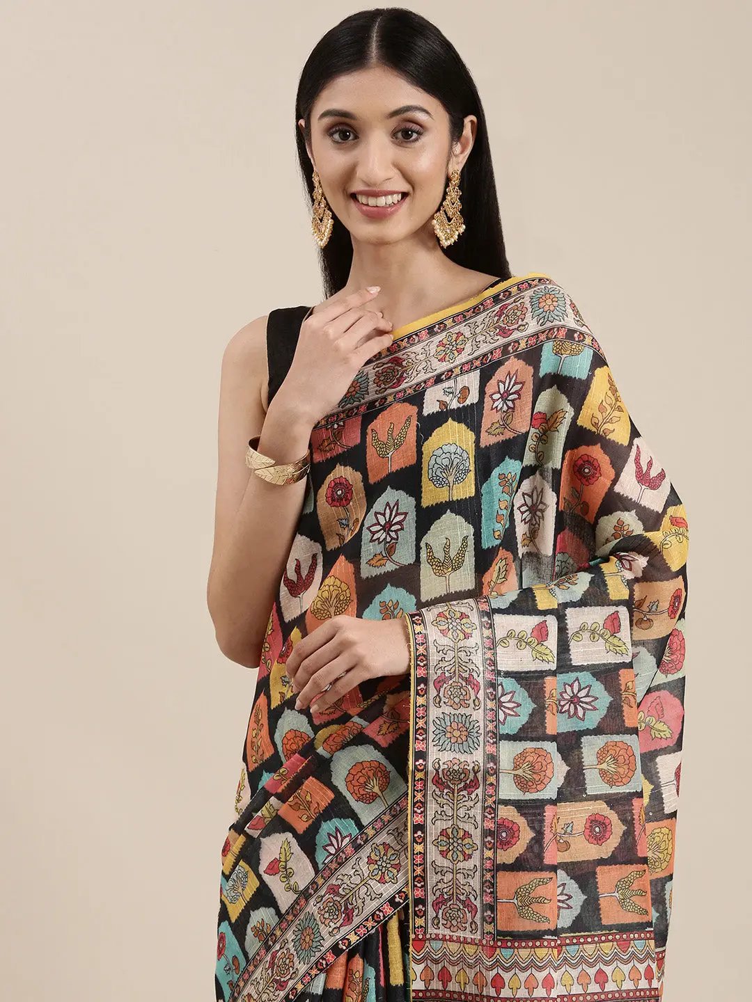 Beutiful Soft Linen Kalamkari Block Print Party Wear Saree