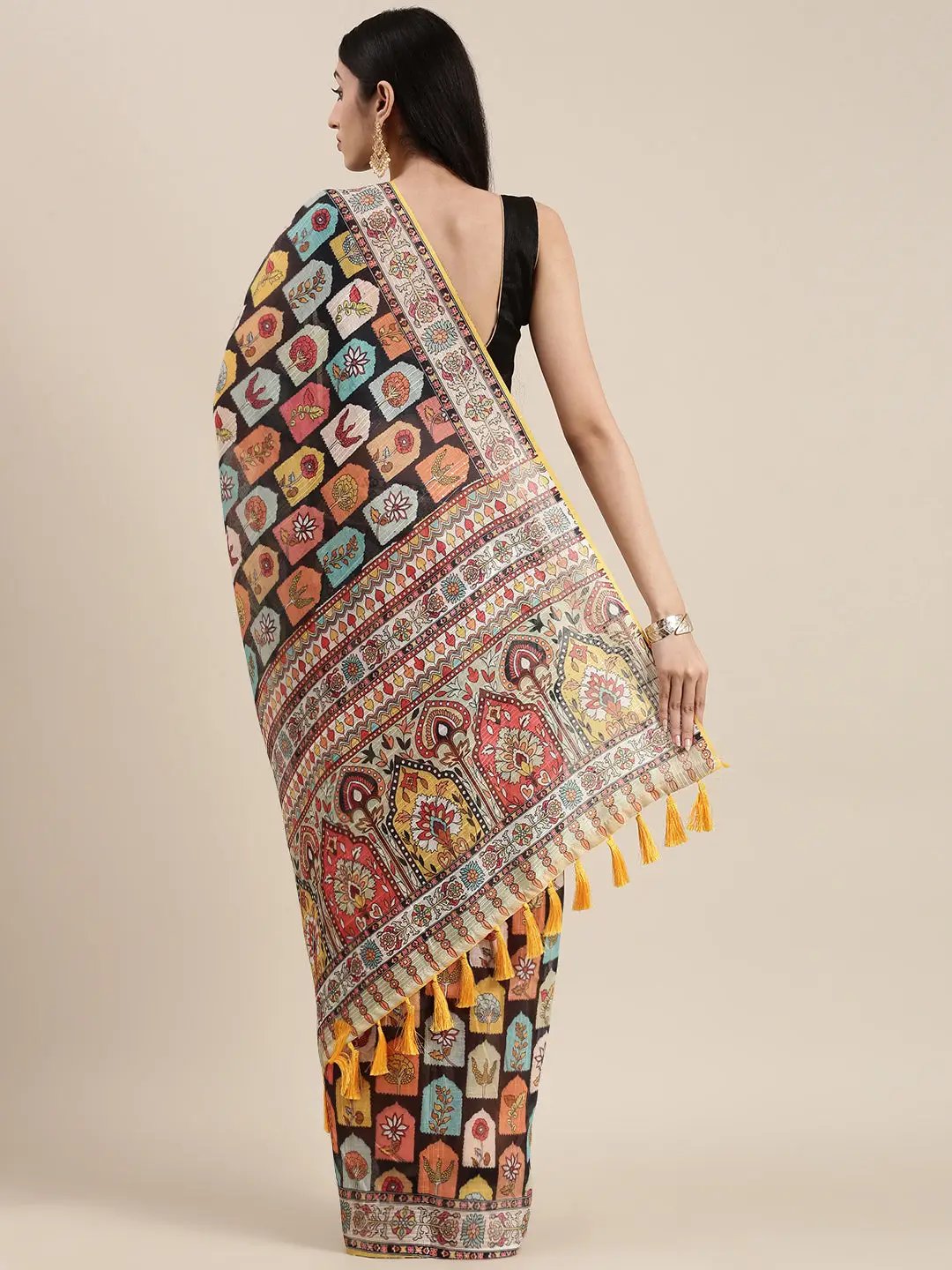 Beutiful Soft Linen Kalamkari Block Print Party Wear Saree