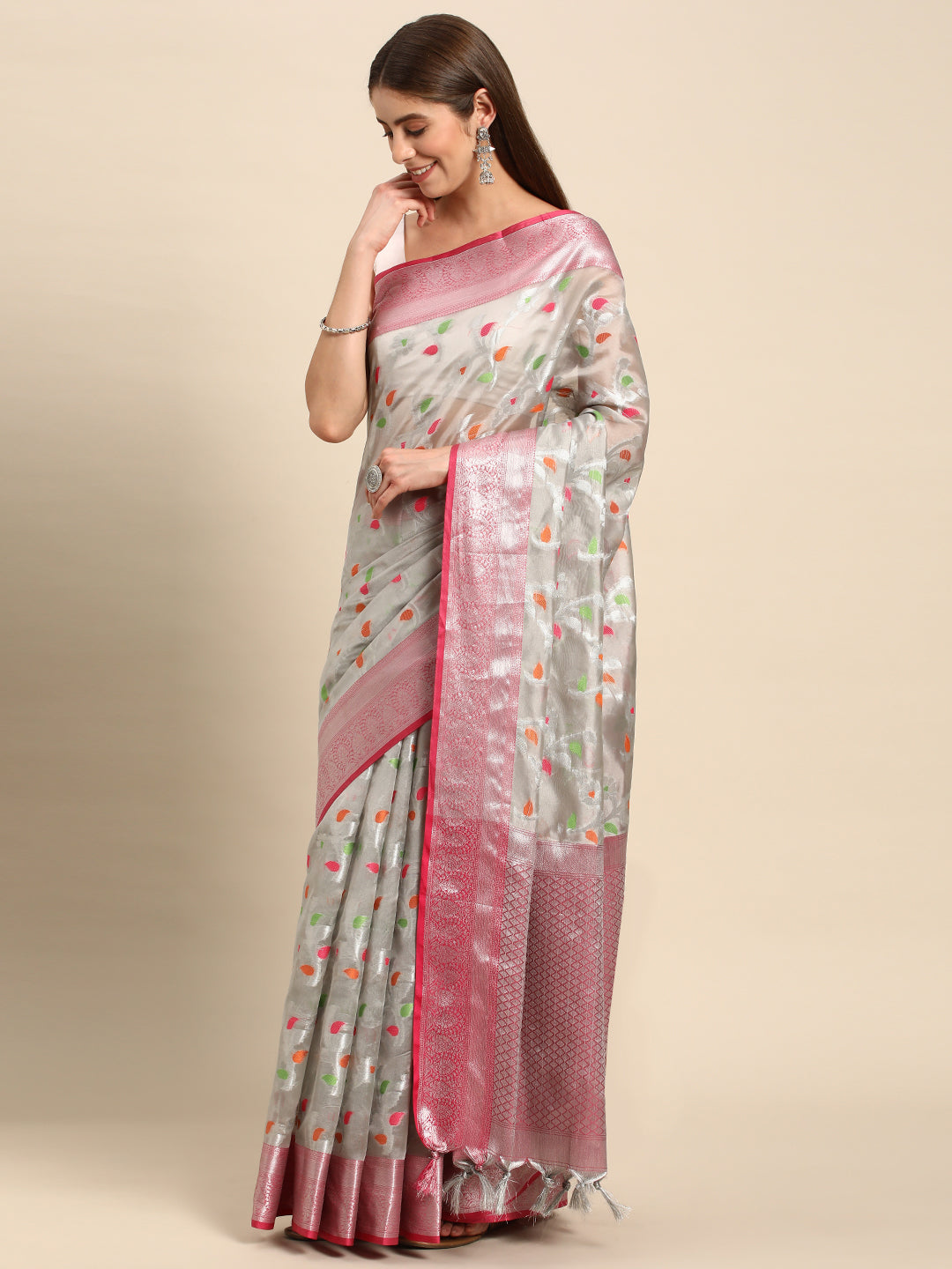 Stylish Pure Kota Zari Silk Saree With Floral Print