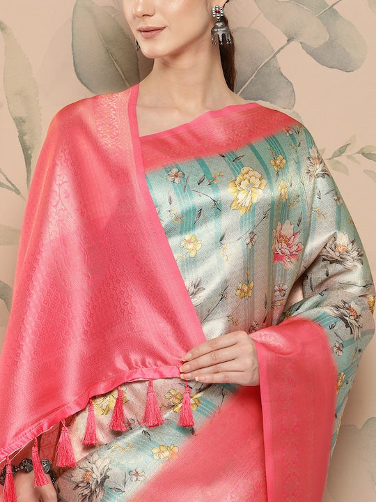 Banarasi soft silk sarees with intricate flower prints