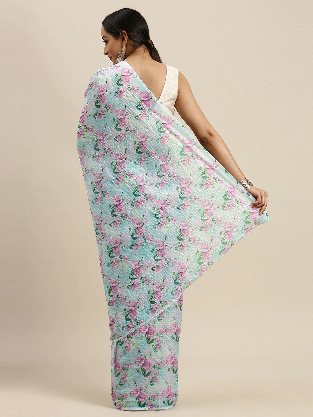 Beautiful Pure Silk Floral Print Saree with Sequinned Work