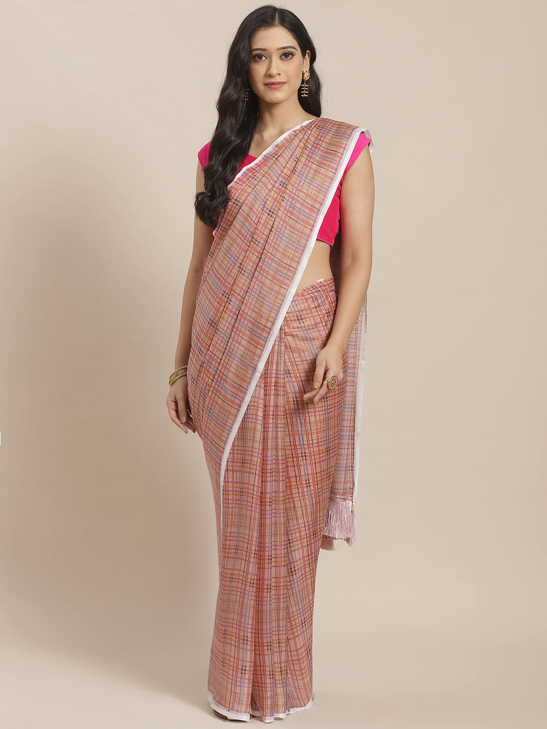  Latest Celebrity Checked Silk Saree With Resham Tassel