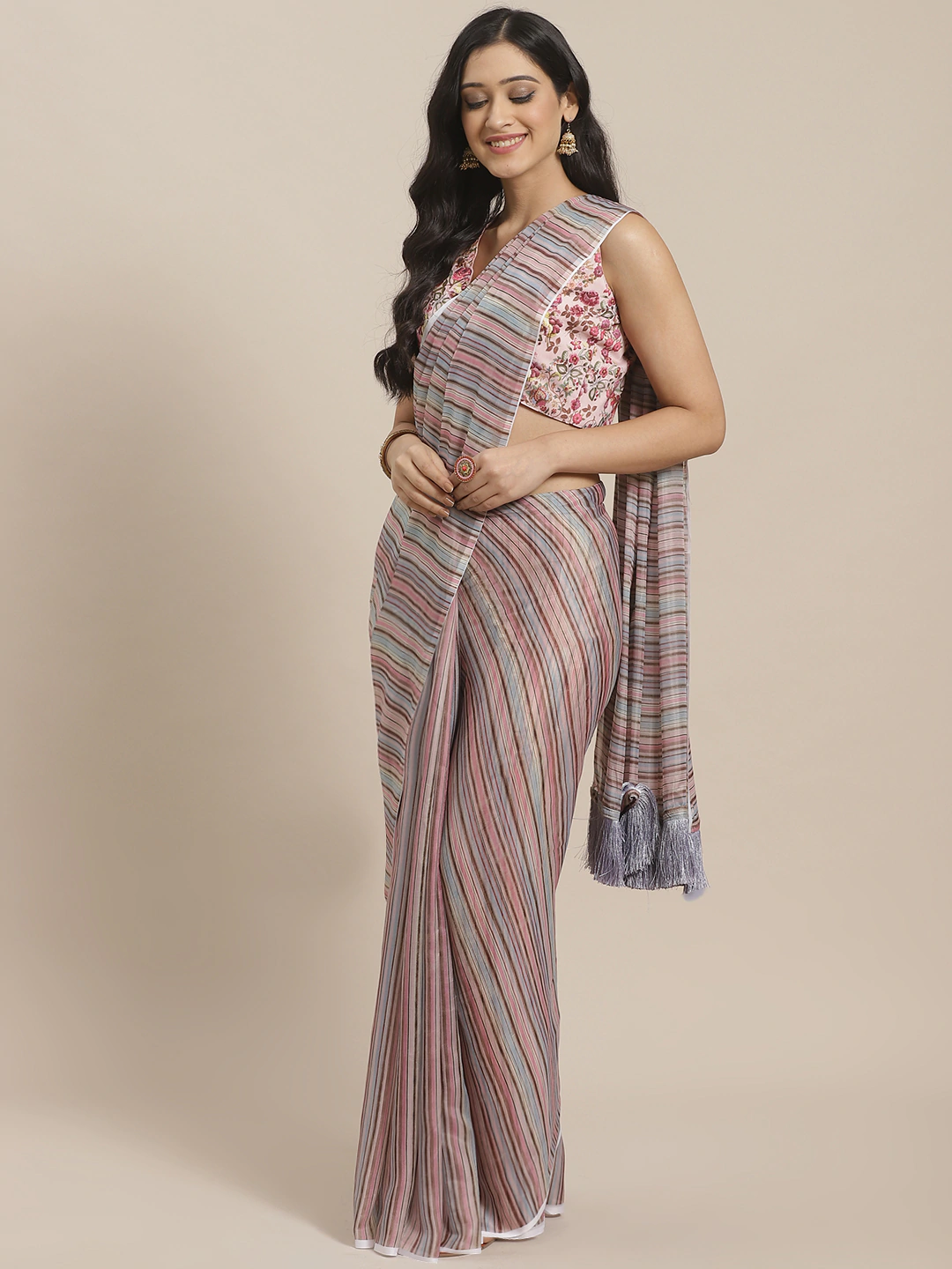 Vastranand Celebrity Striped Silk Saree With Resham Tassel 