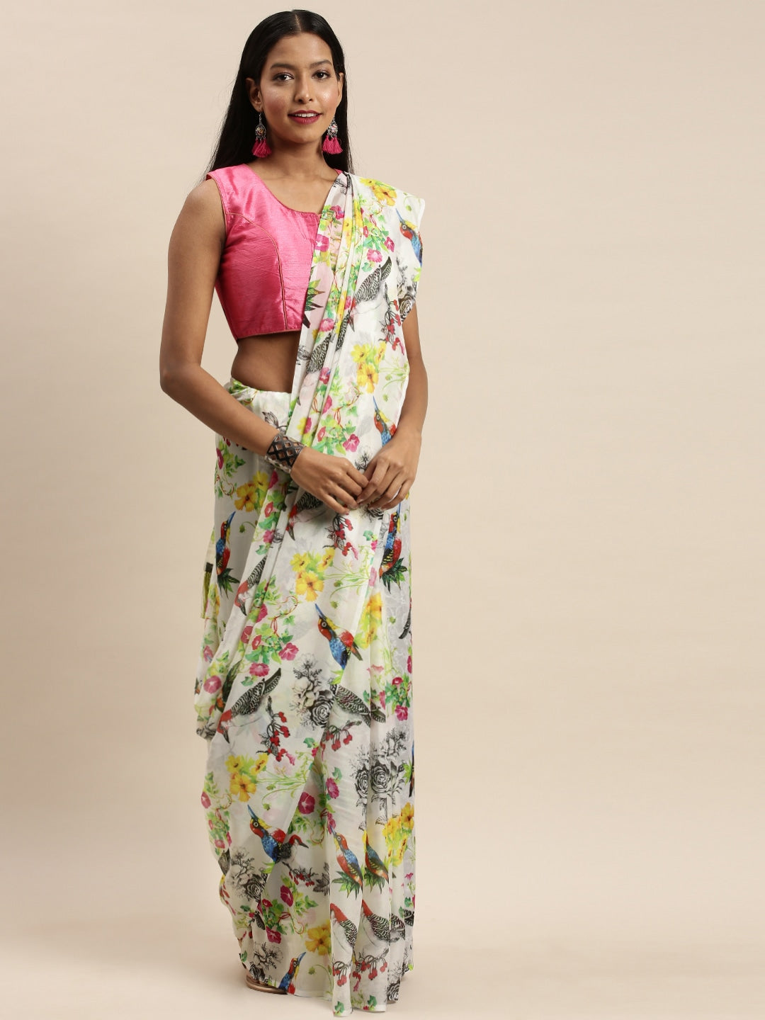 Vastranand Floral Printed Silk Saree With Resham Tassel