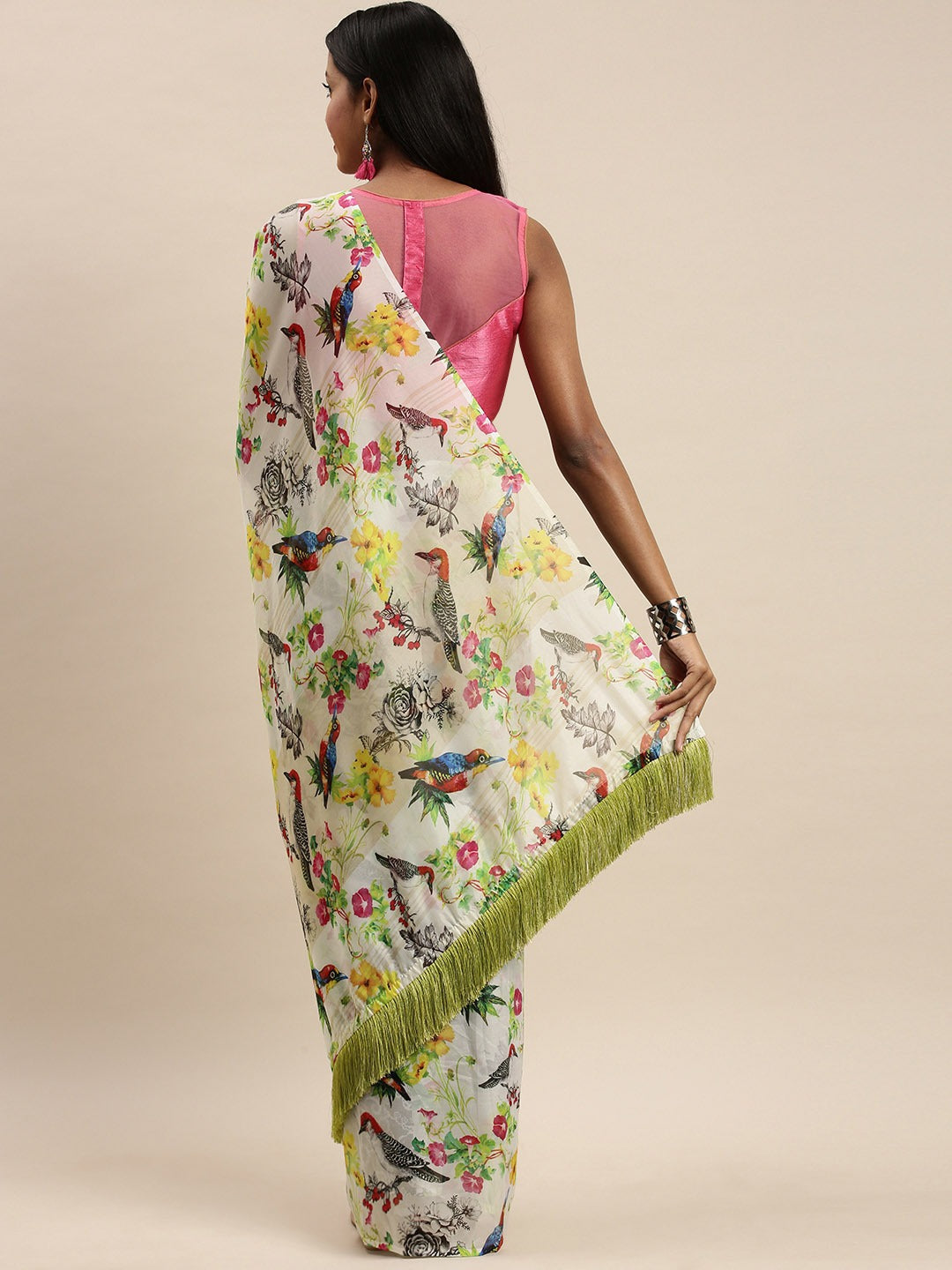 Vastranand Floral Printed Silk Saree With Resham Tassel