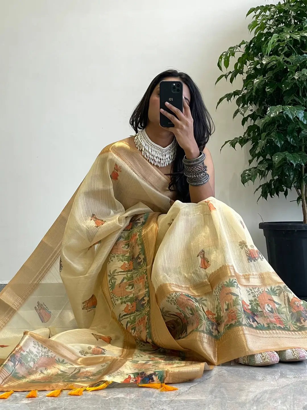 Luxurious Soft Gold Zari Tissue Saree with Intricate Design