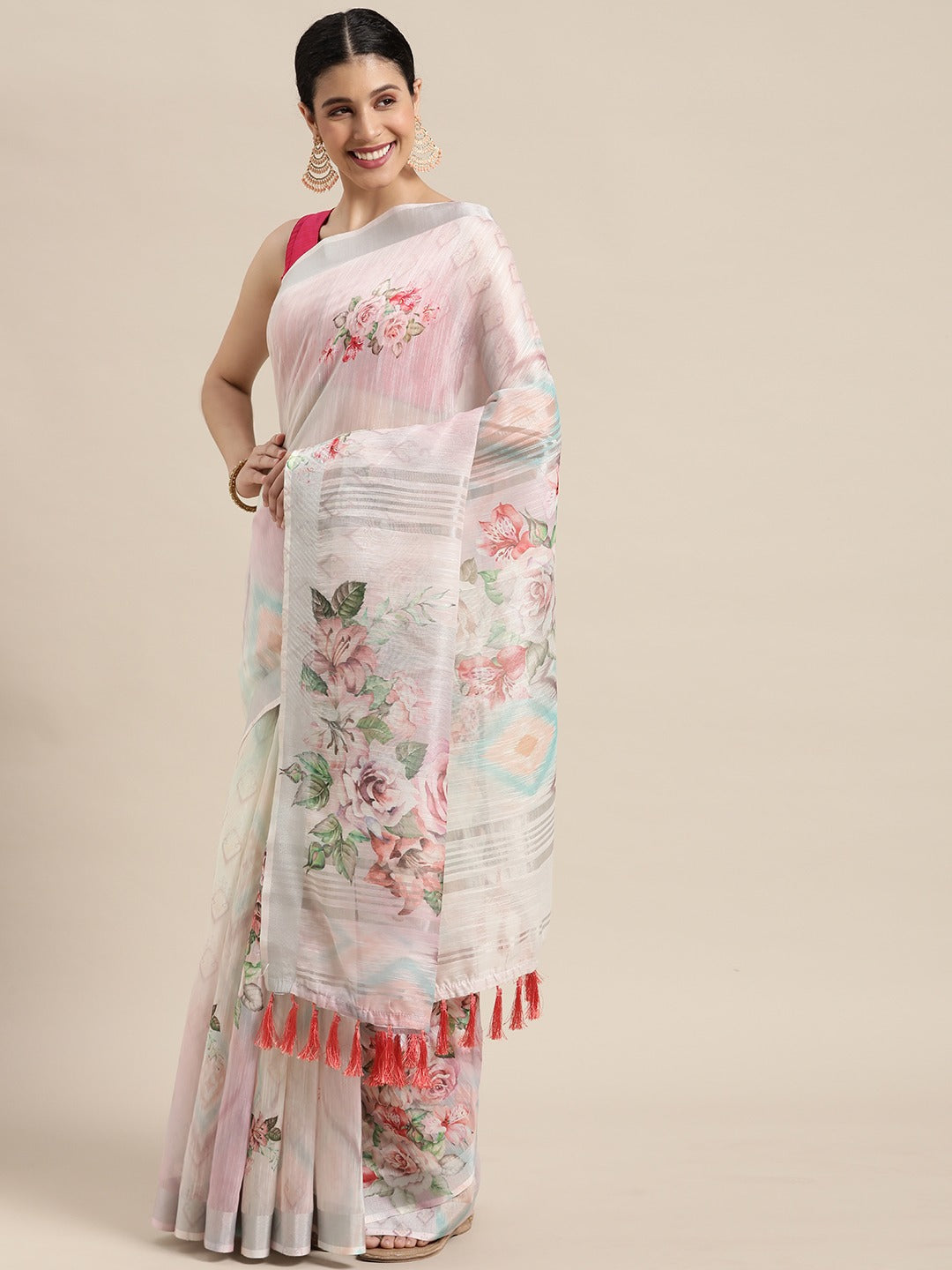 Digital Flower Print Desine Soft Linen Saree