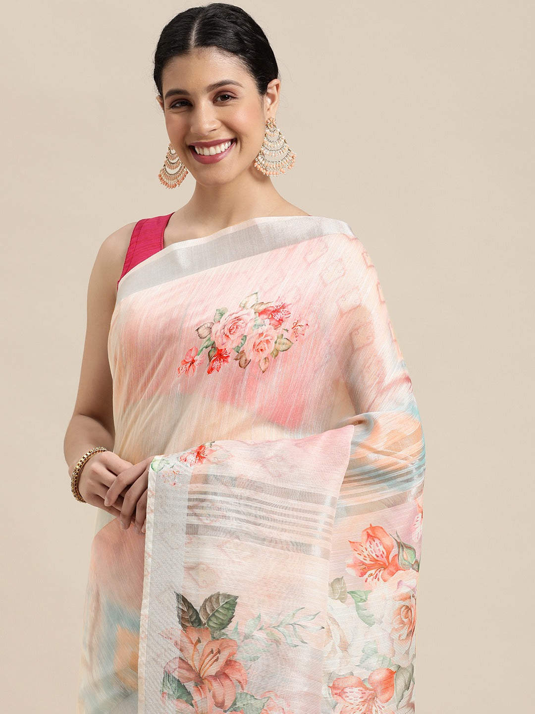 Digital Flower Print Desine Soft Linen Saree