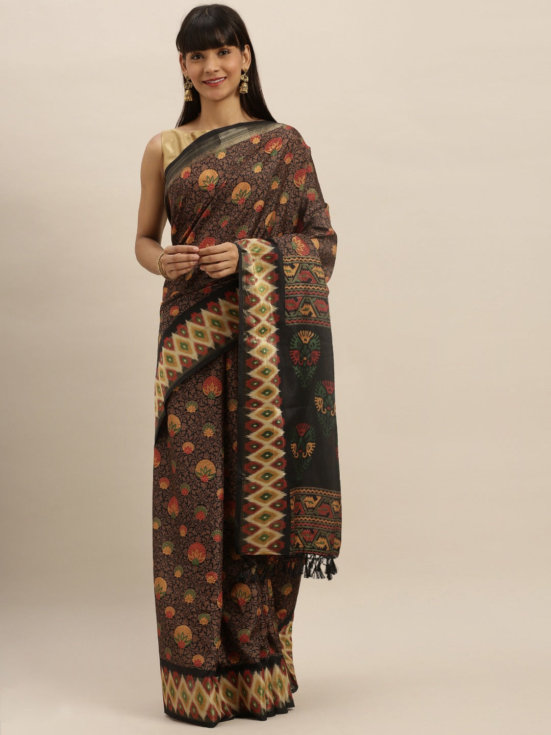 Beautiful Linen Saree With Printed And Ethnic Motifs Work