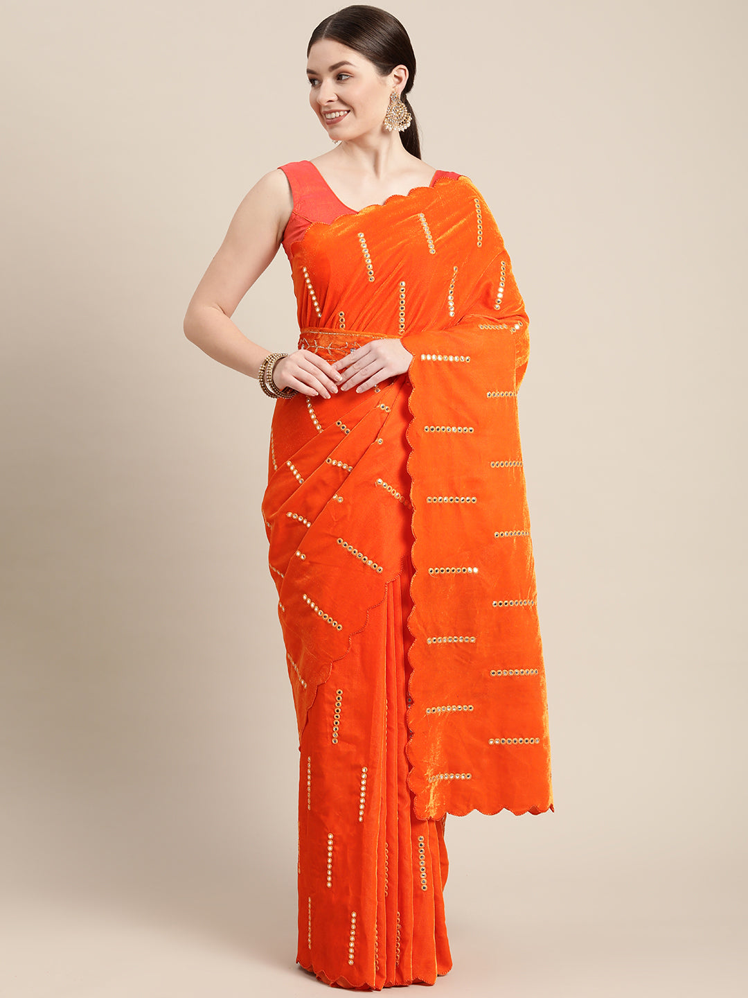  Stylish Orange Colour Velvet Saree with Mirror Work 