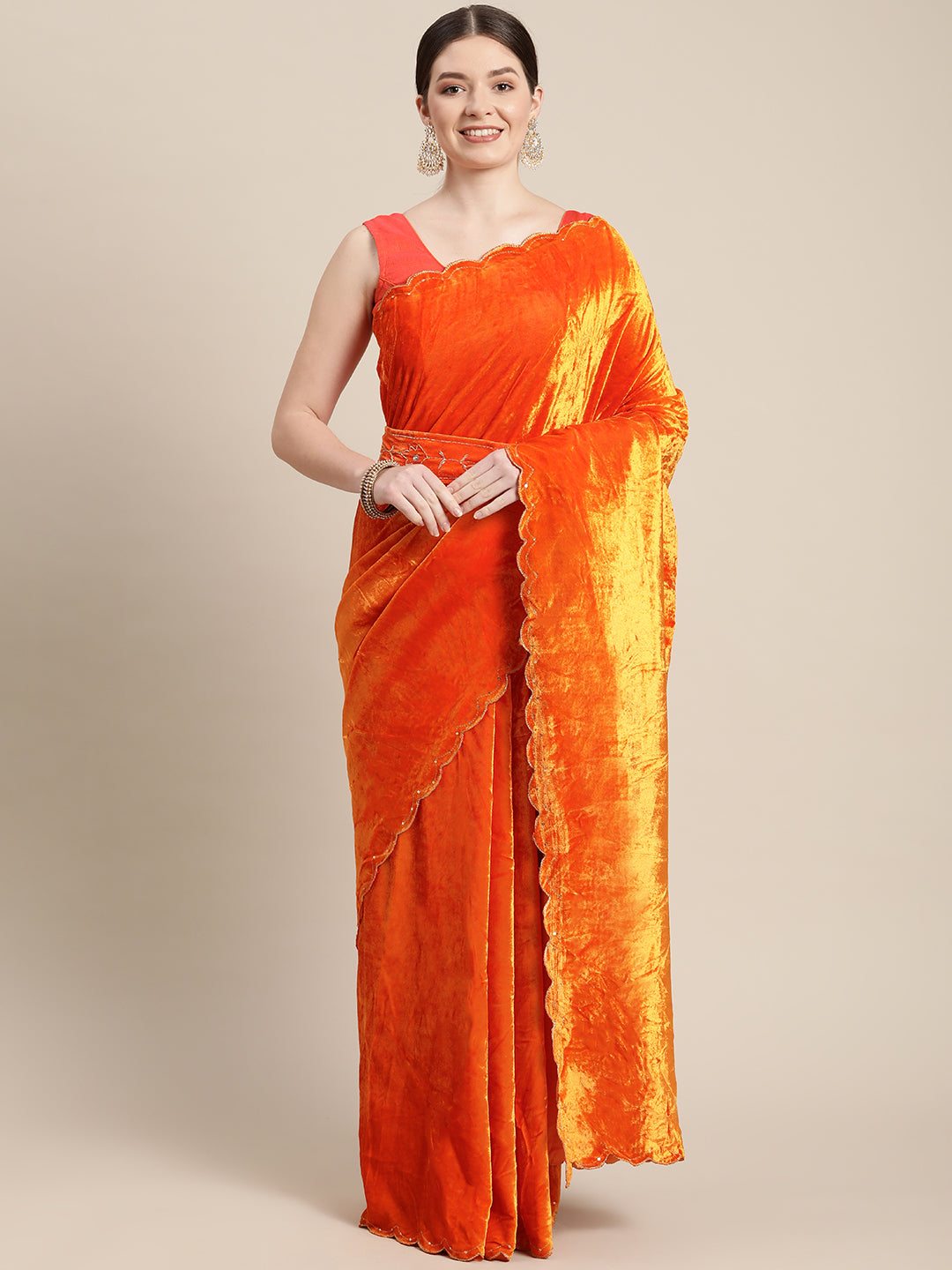  Stylish Orange Colour Velvet Embroidered Work Saree