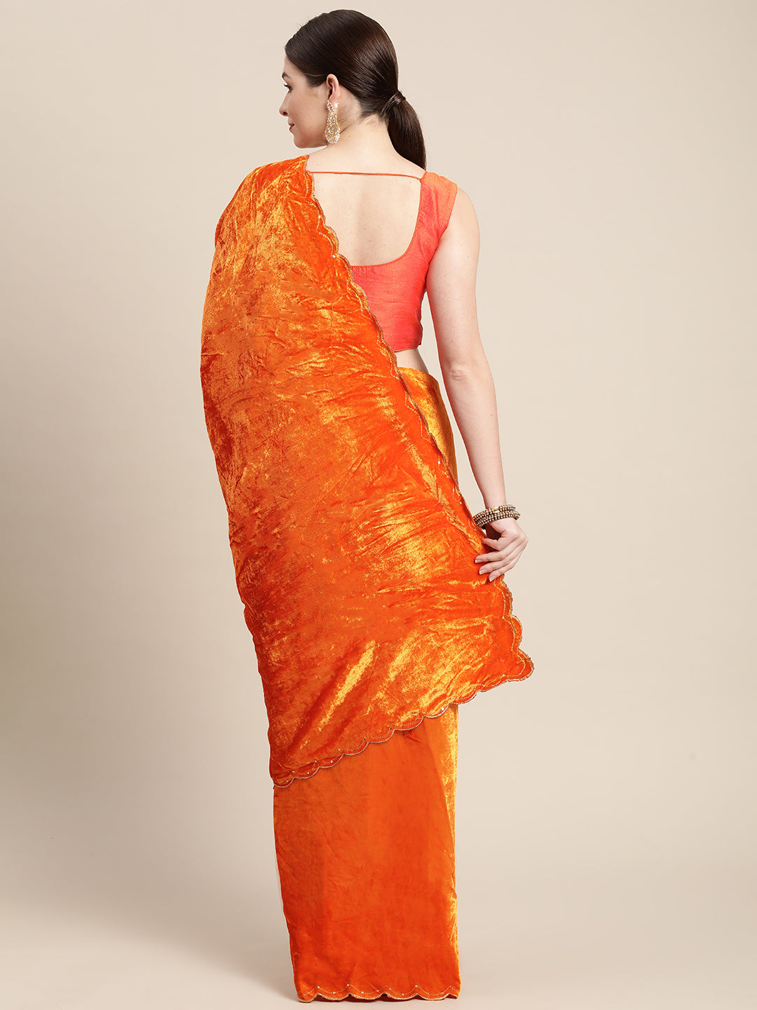  Stylish Orange Colour Velvet Embroidered Work Saree