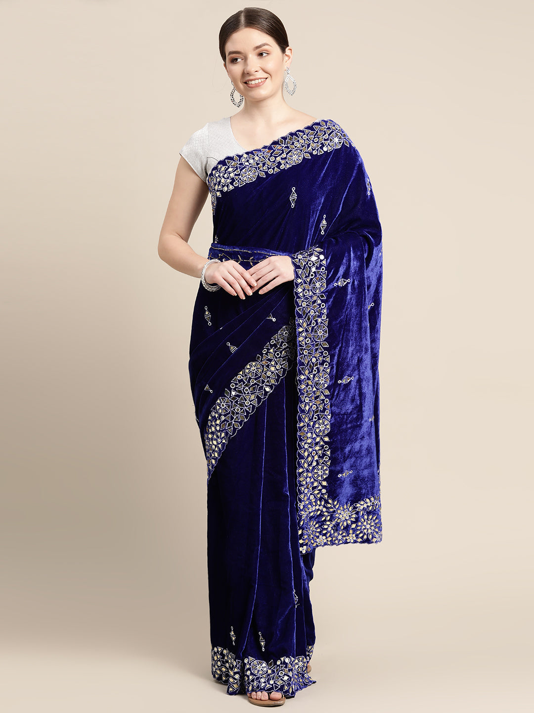 Blue Colour Stylish Embroidery Velvet Saree with Mirror Work