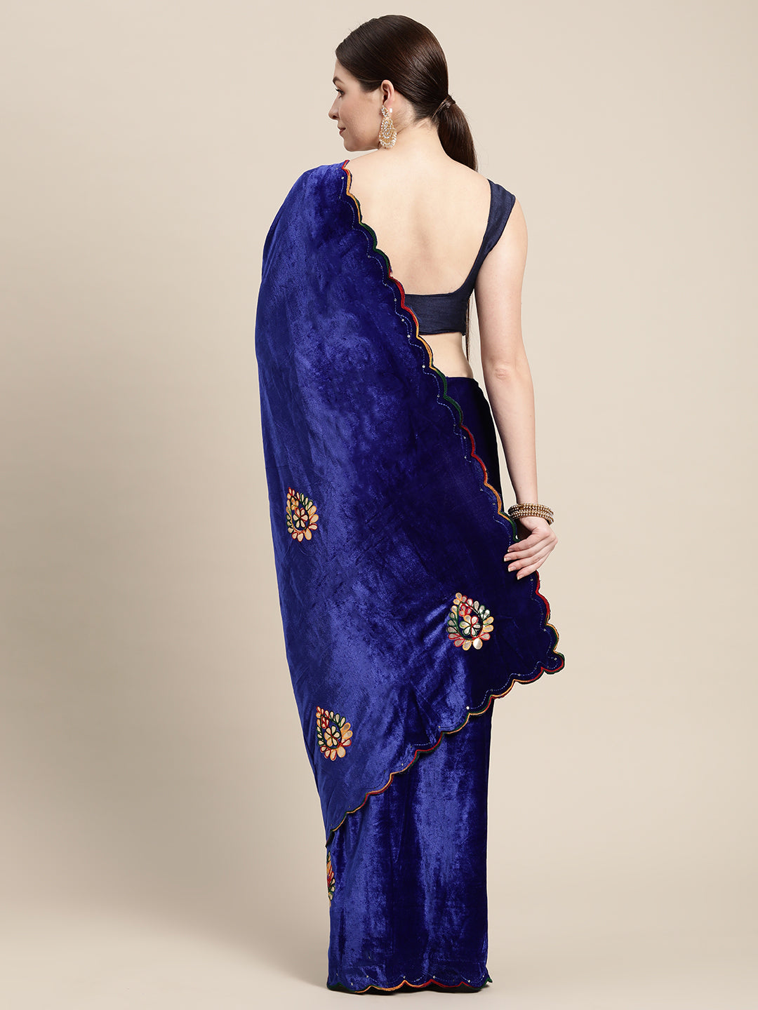 Blue Colour Embroidered Velvet Saree with Ethnic Motifs