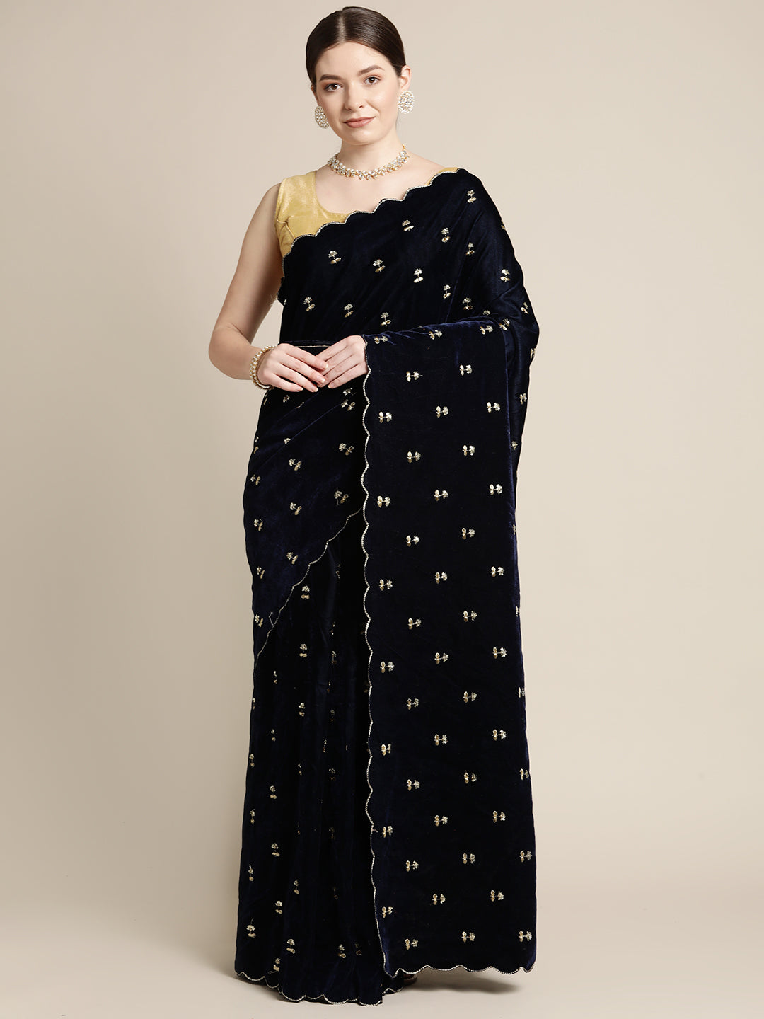 Navy Colour Embroidered Velvet Saree with Aari Work