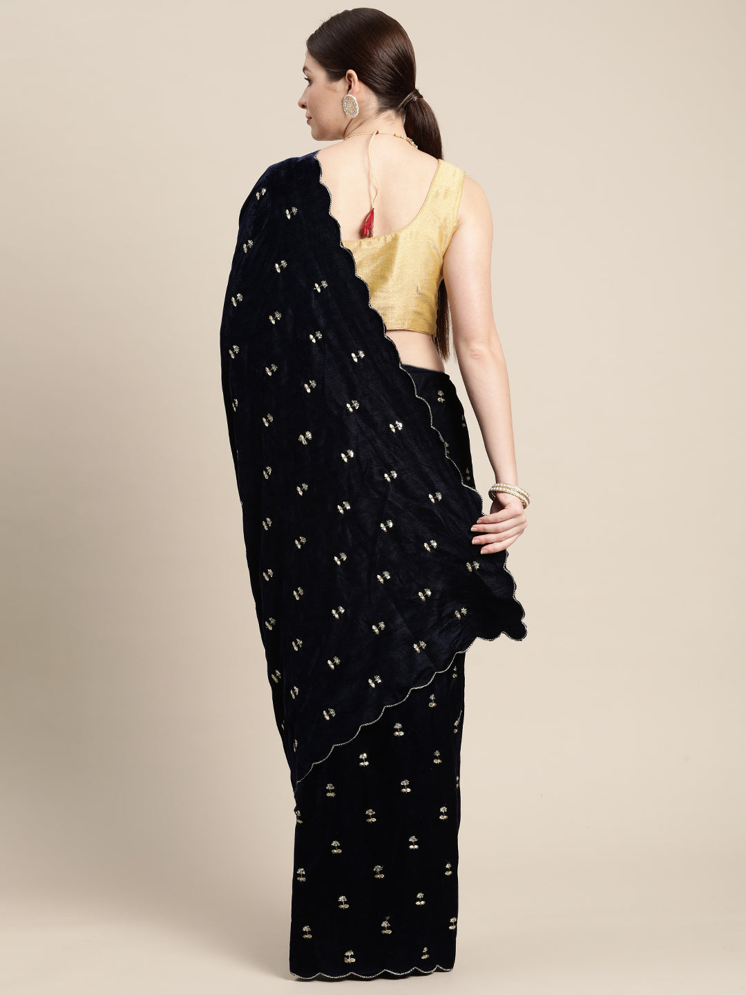 Navy Colour Embroidered Velvet Saree with Aari Work