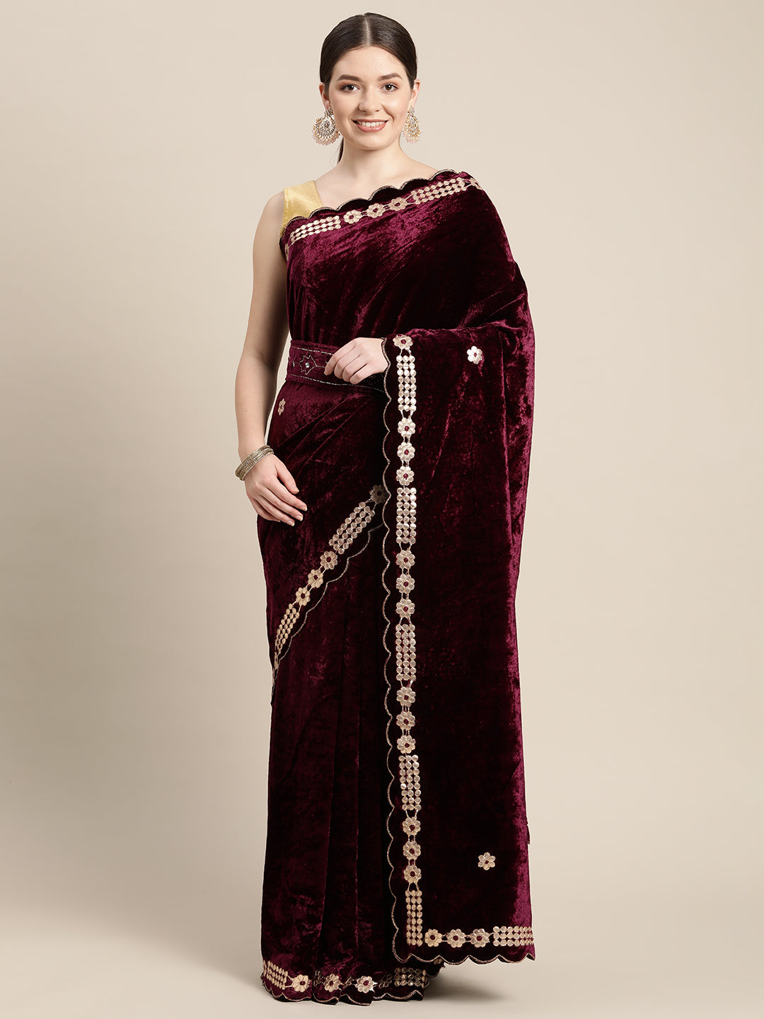 Stylish Embroidered Velvet Saree with Ethnic Motifs