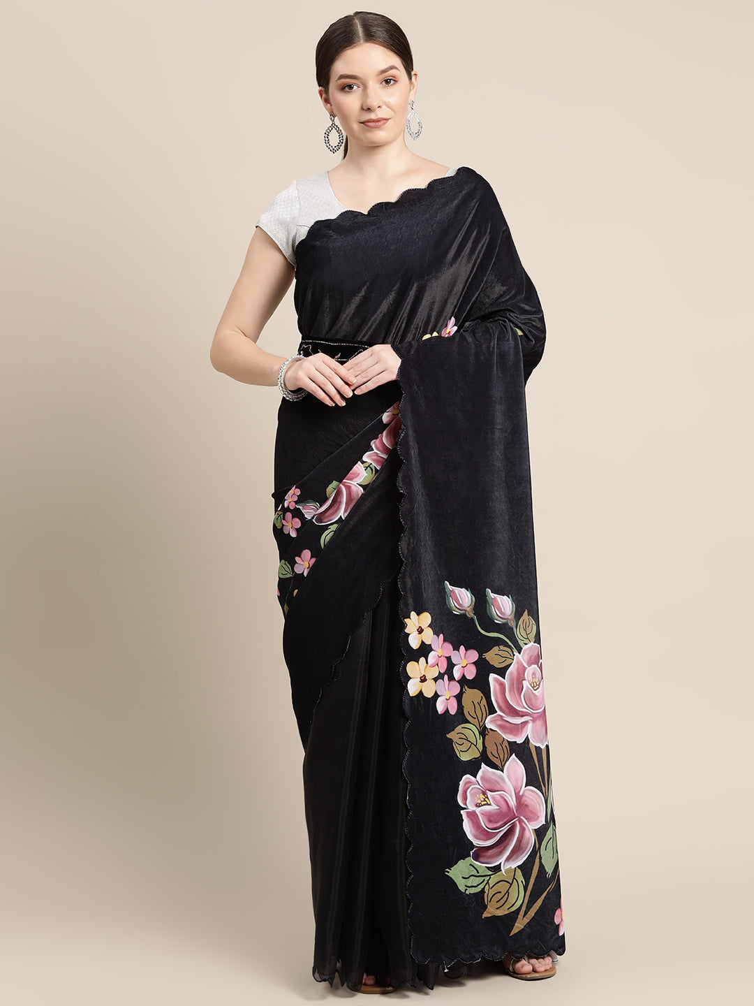  Beautiful Floral Printed Velvet Saree with Sequenced Work