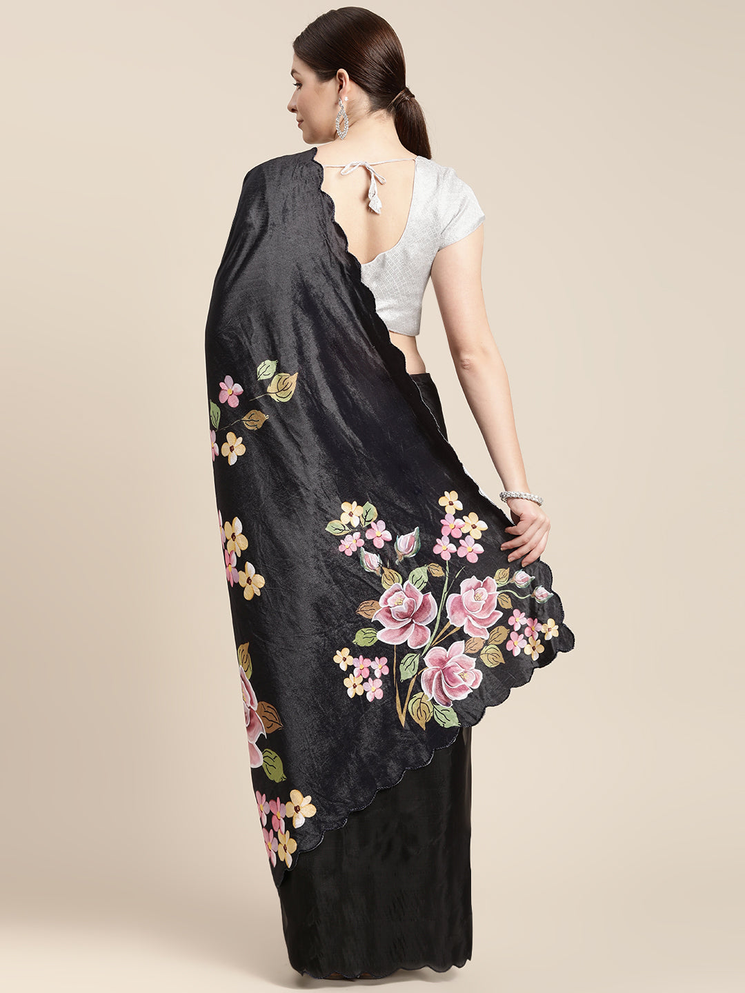  Beautiful Floral Printed Velvet Saree with Sequenced Work