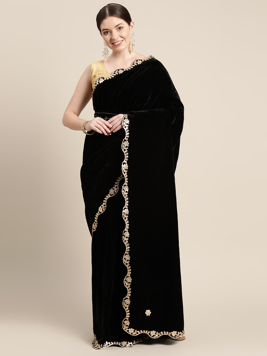 Black Colour Embroidered Velvet Saree with Ethnic Motifs