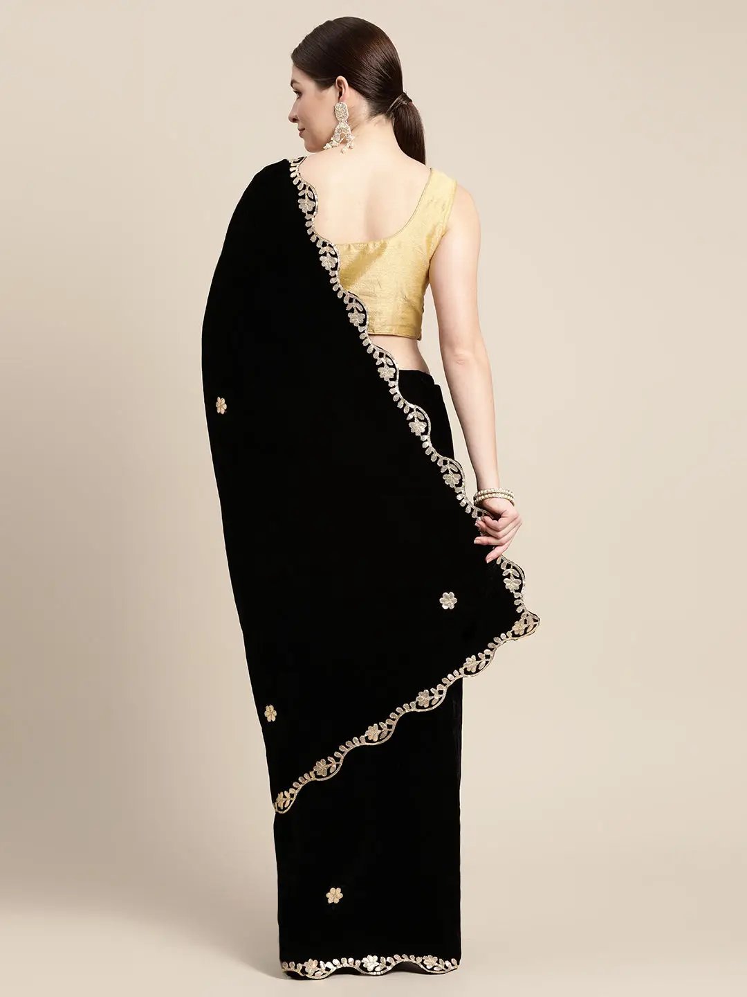 Black Colour Embroidered Velvet Saree with Ethnic Motifs