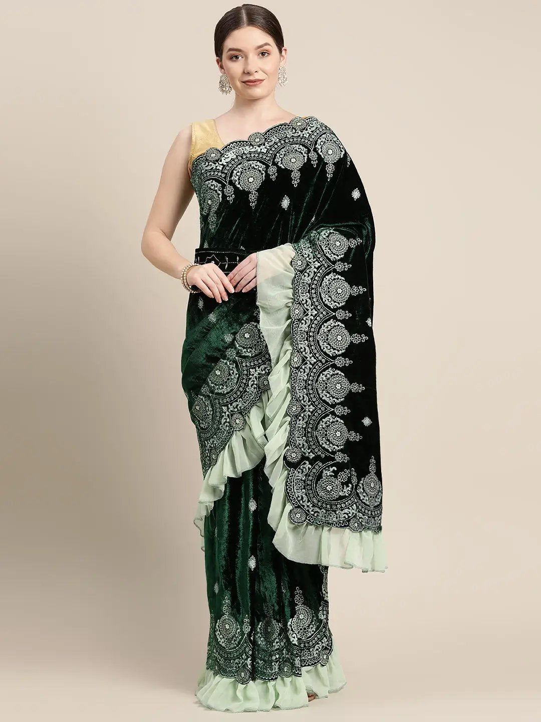 Green Colour Embroidered Velvet Saree with Ethnic Motifs 