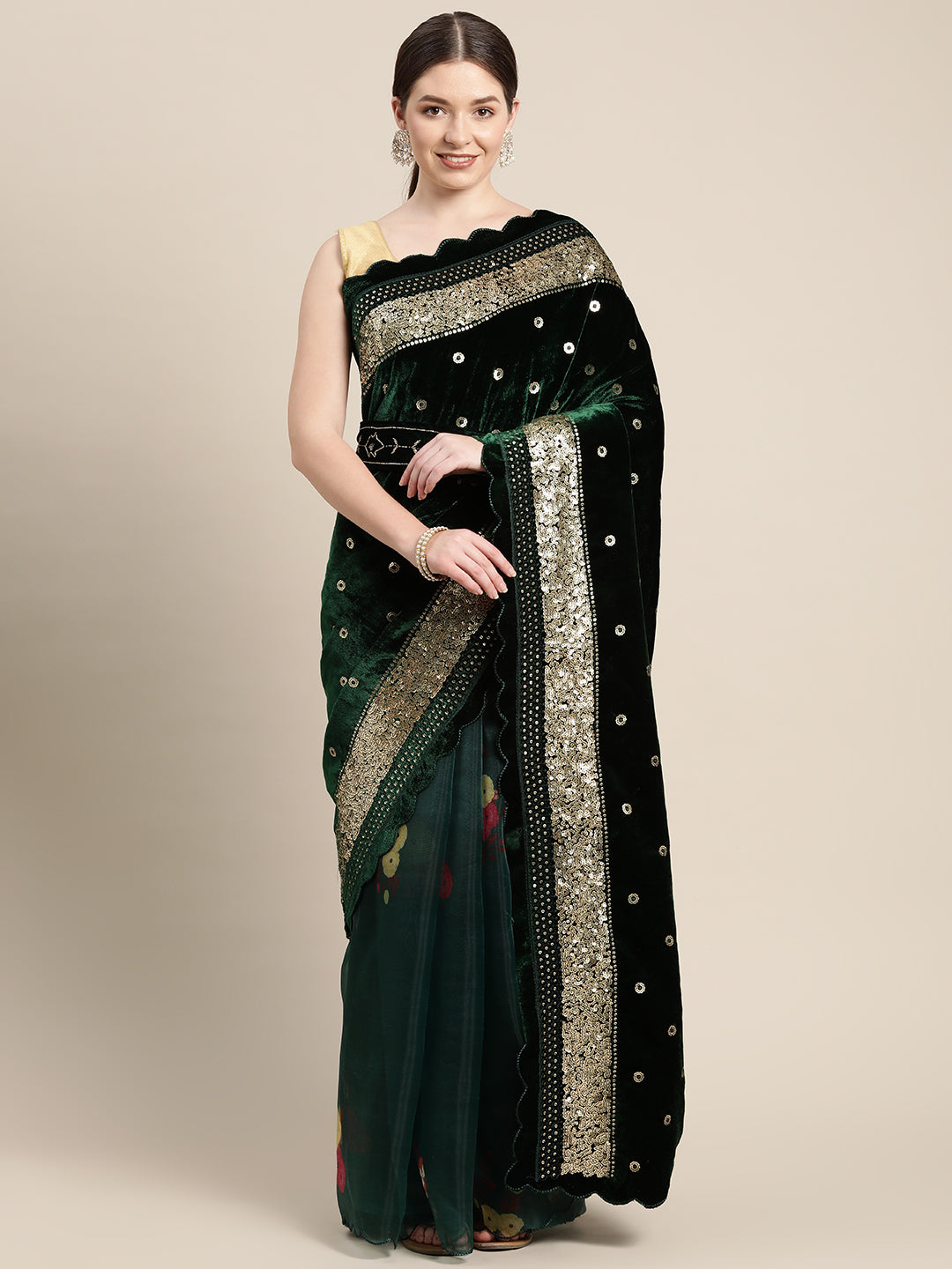 Green Colour Velvet Embroidered Sequinned Work Saree