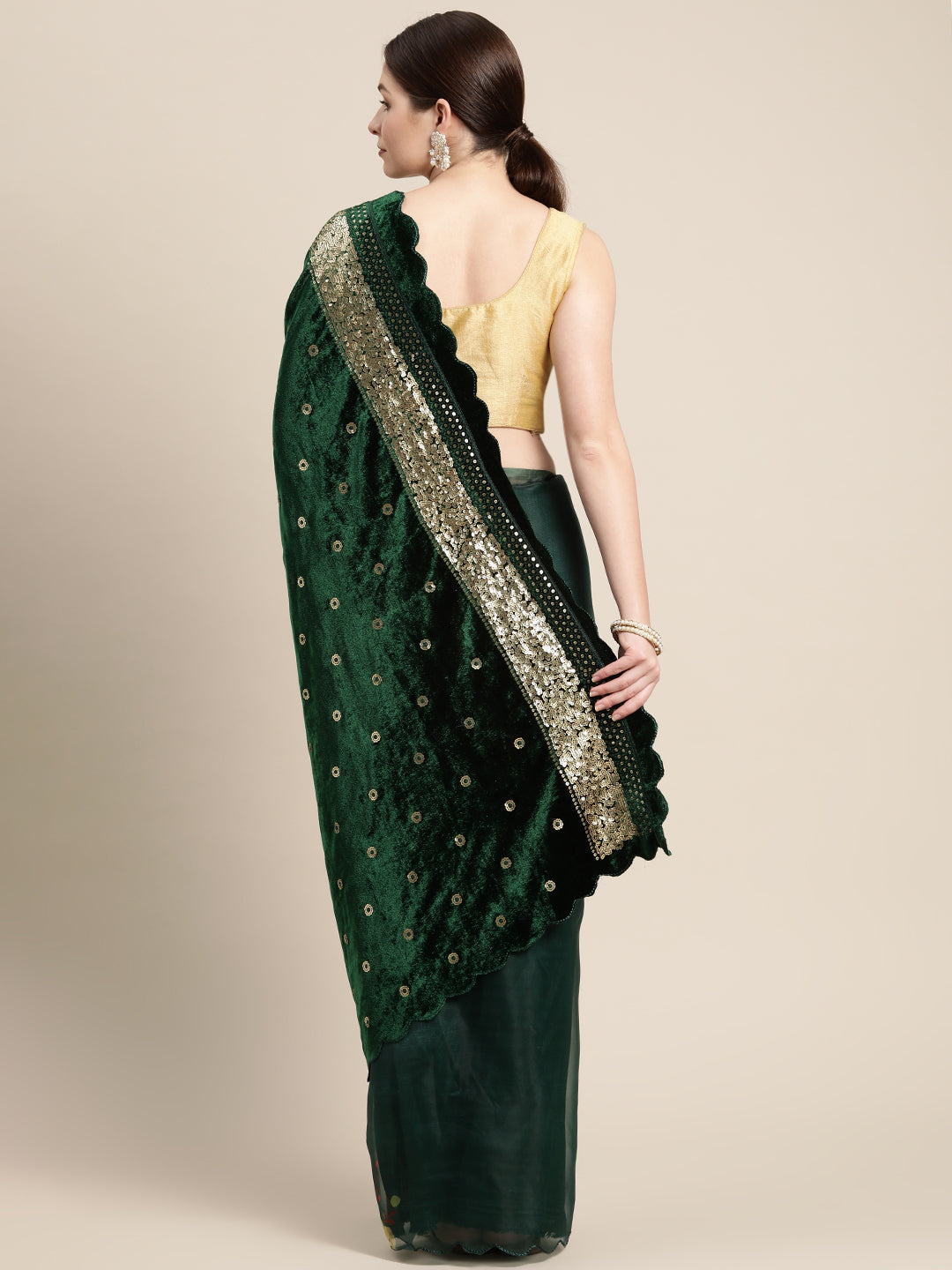 Green Colour Velvet Embroidered Sequinned Work Saree