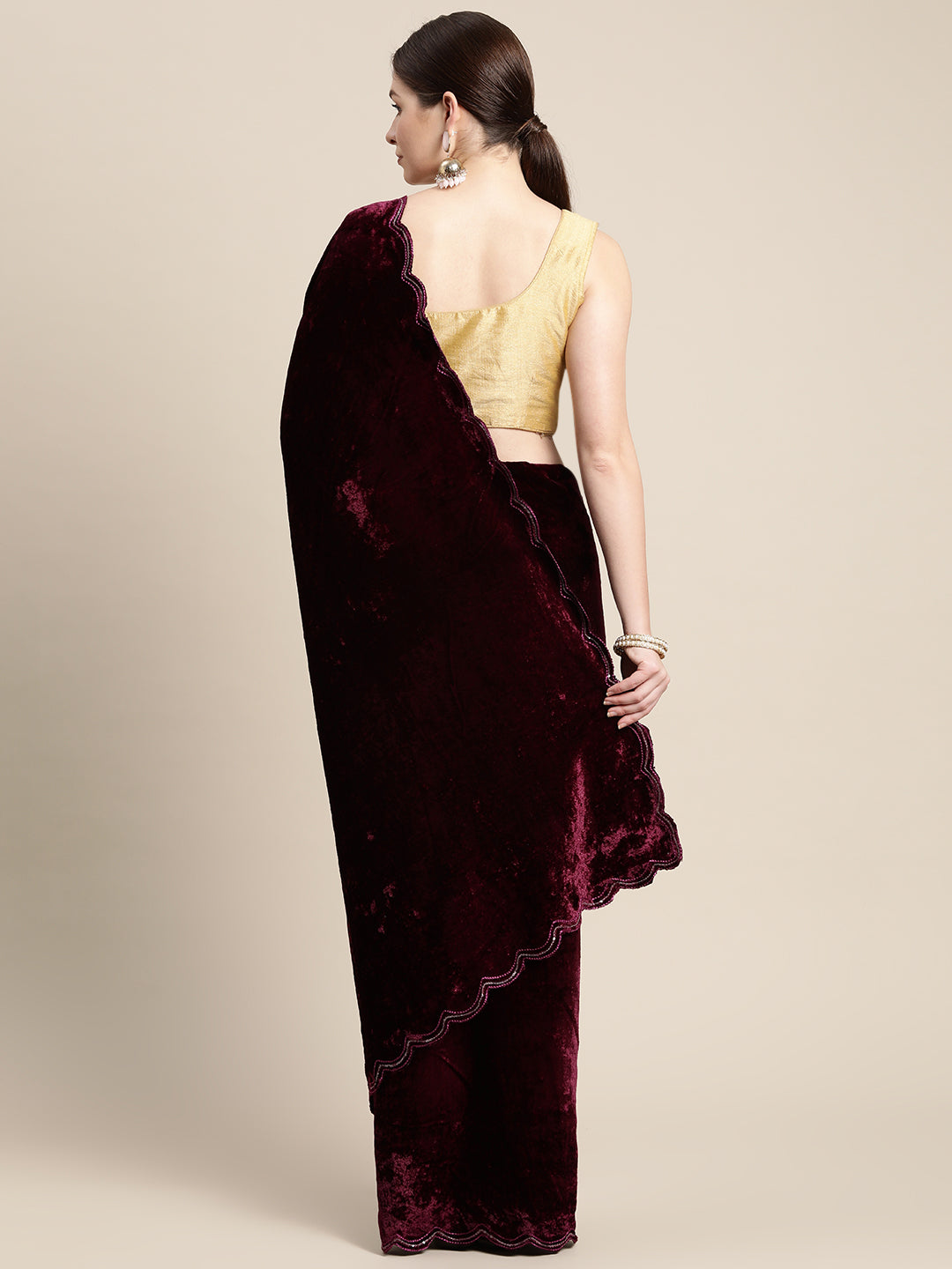 Burgundy Colour Embroidered Velvet Saree with Sequenced Work