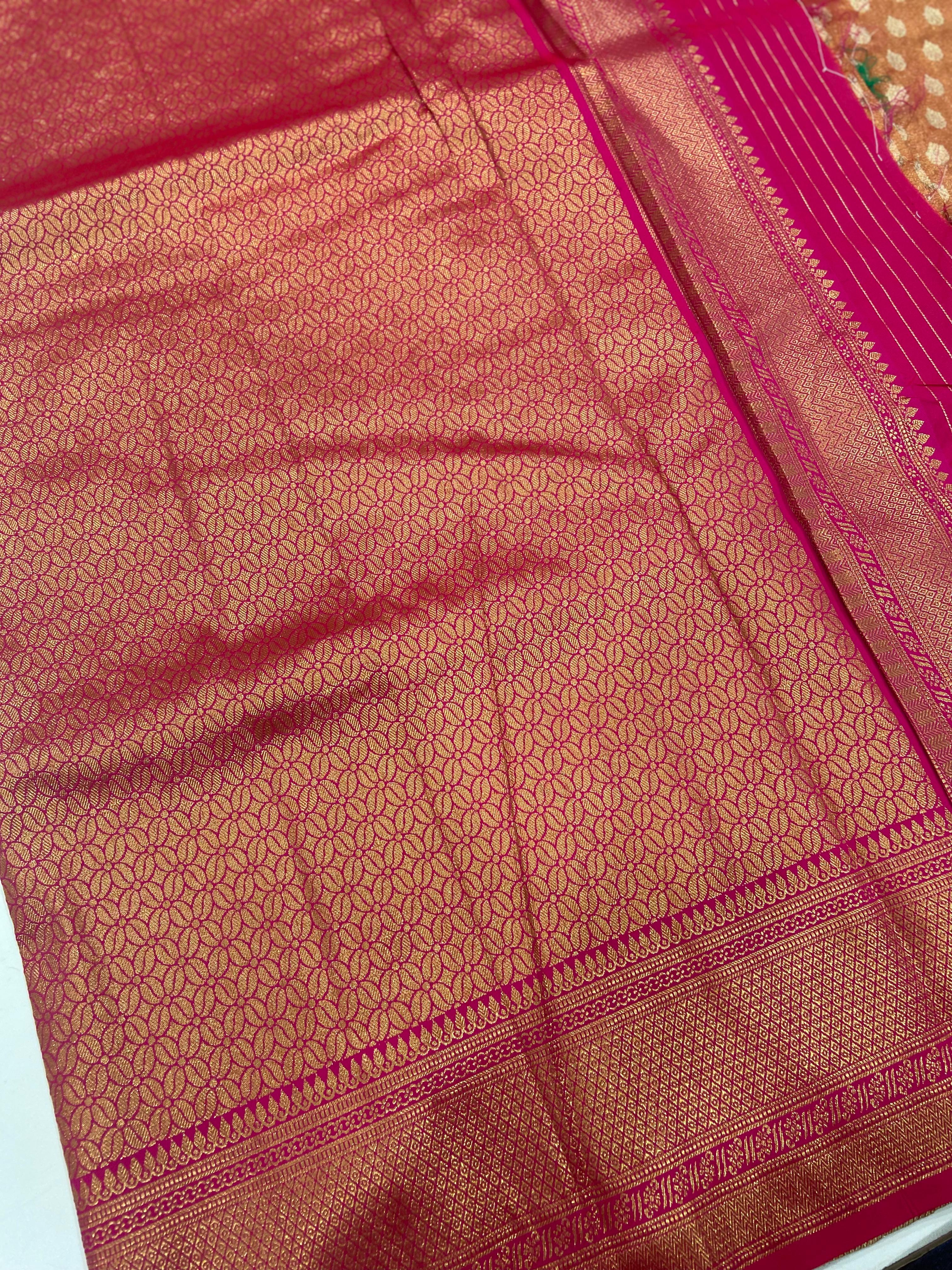 Detailed pattern on Dharmavaram Zari Tissue Saree