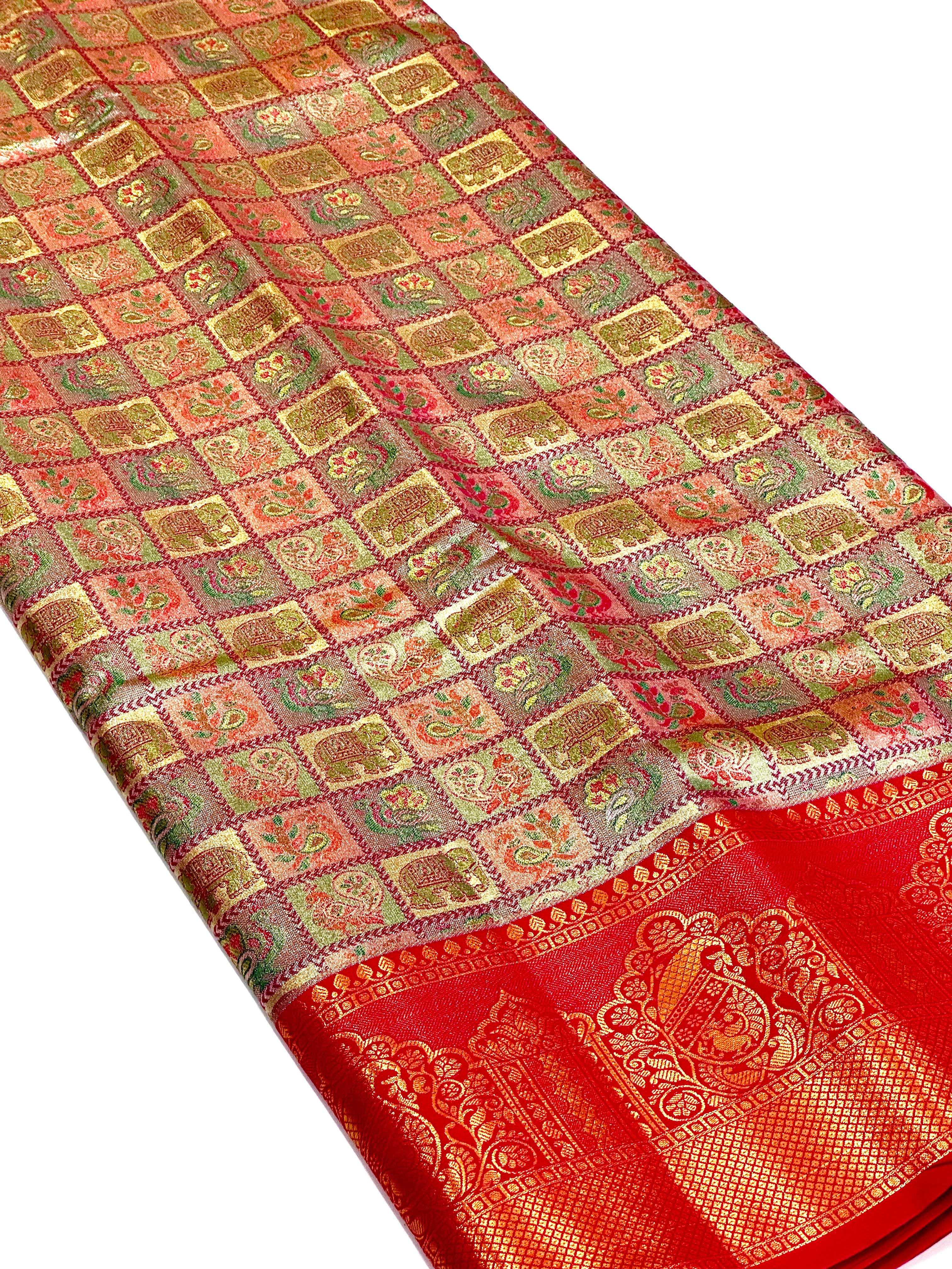 Pink Animal Motif Saree With Gold Zari Border