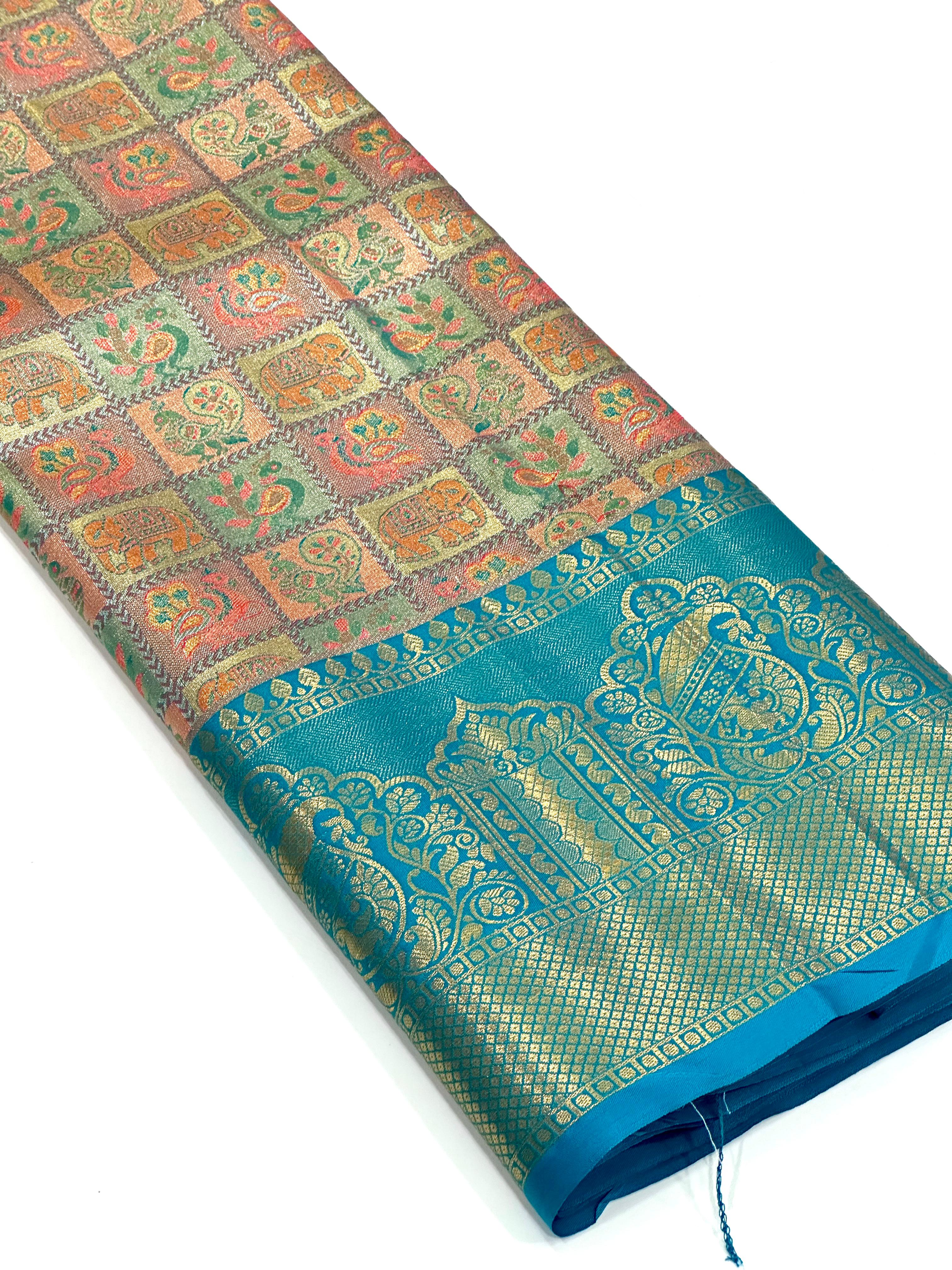 Sky Blue Animal Motif Saree With Gold Zari Border