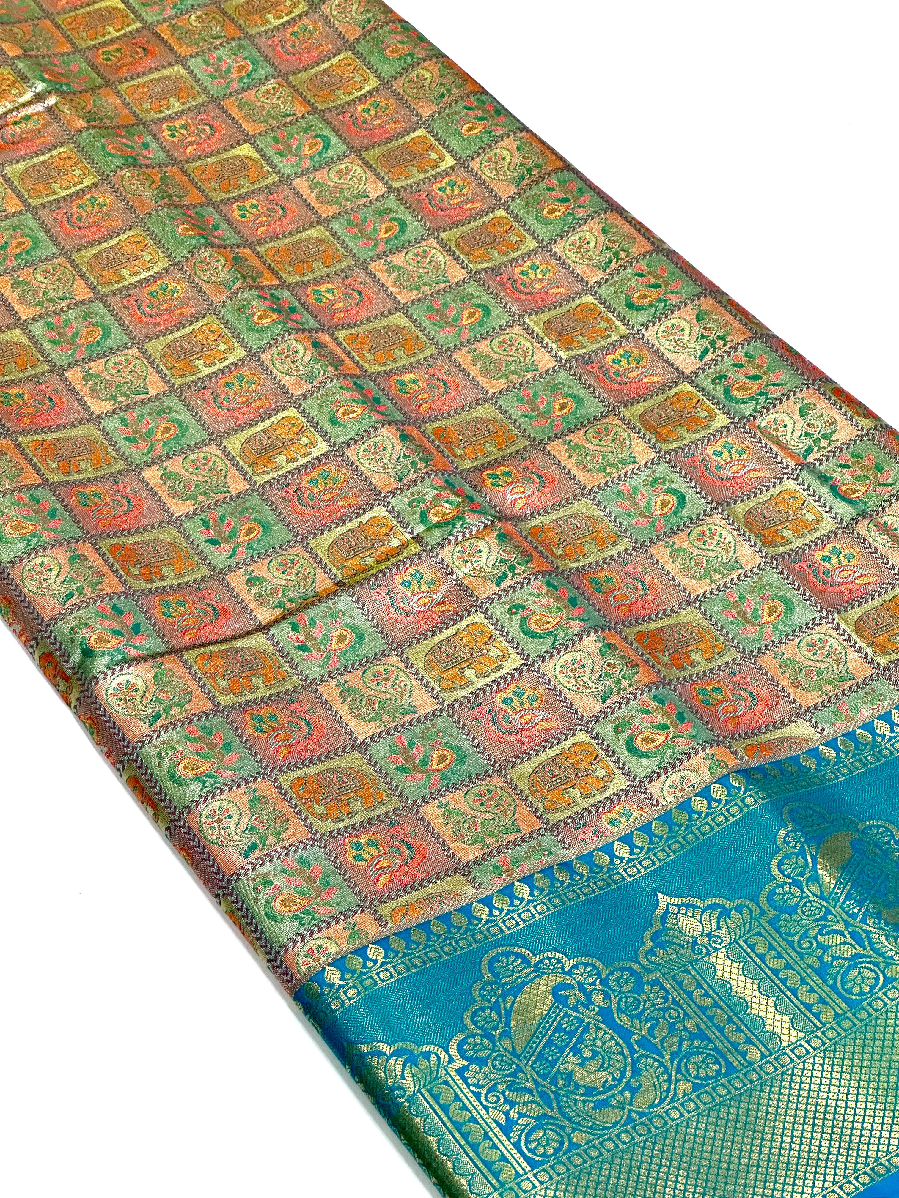 Sky Blue Animal Motif Saree With Gold Zari Border