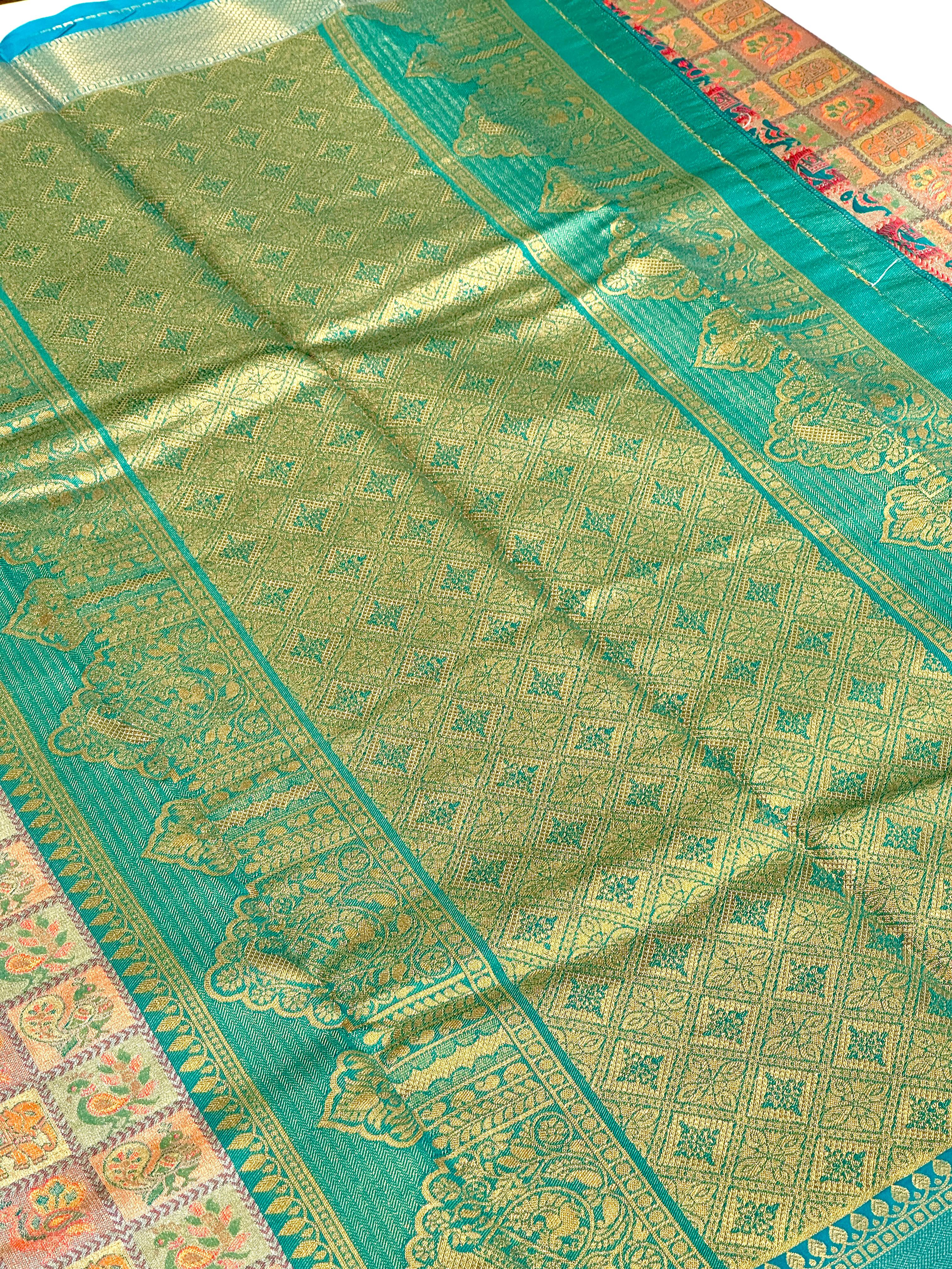 Sky Blue Animal Motif Saree With Gold Zari Border