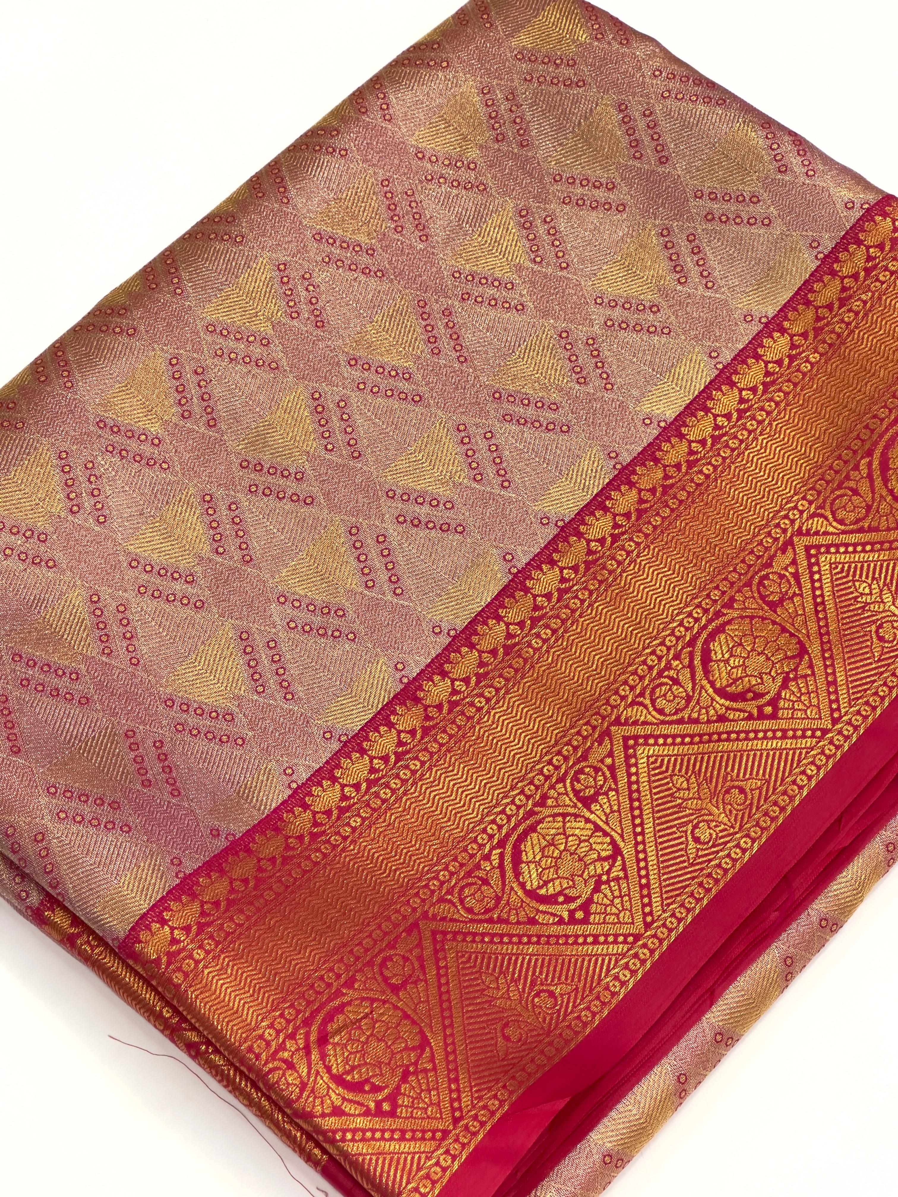 Pink Golden Geometrics With Floral Elegance Saree